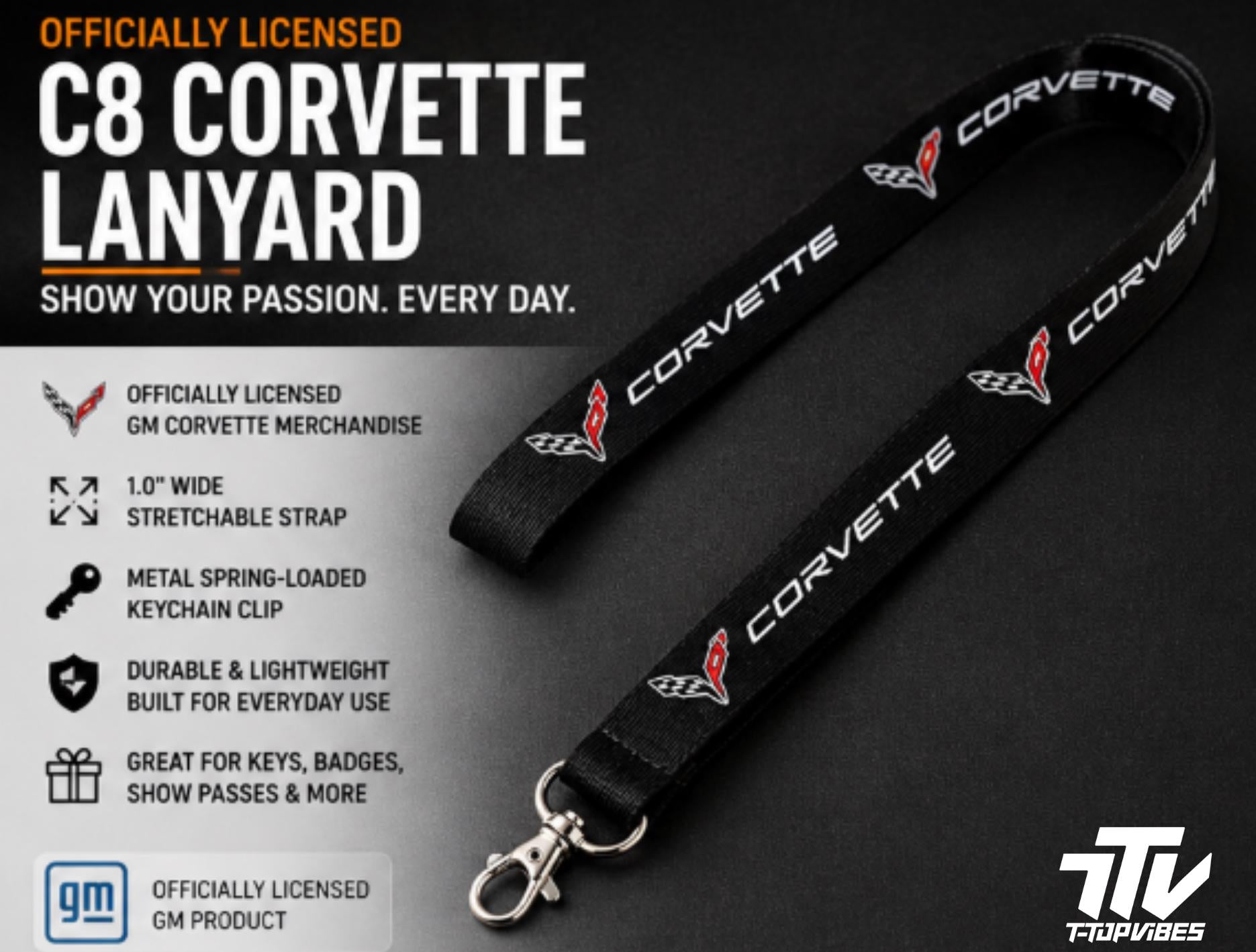 Officially Licensed C8 Corvette Lanyard | Black Chevrolet Key Strap