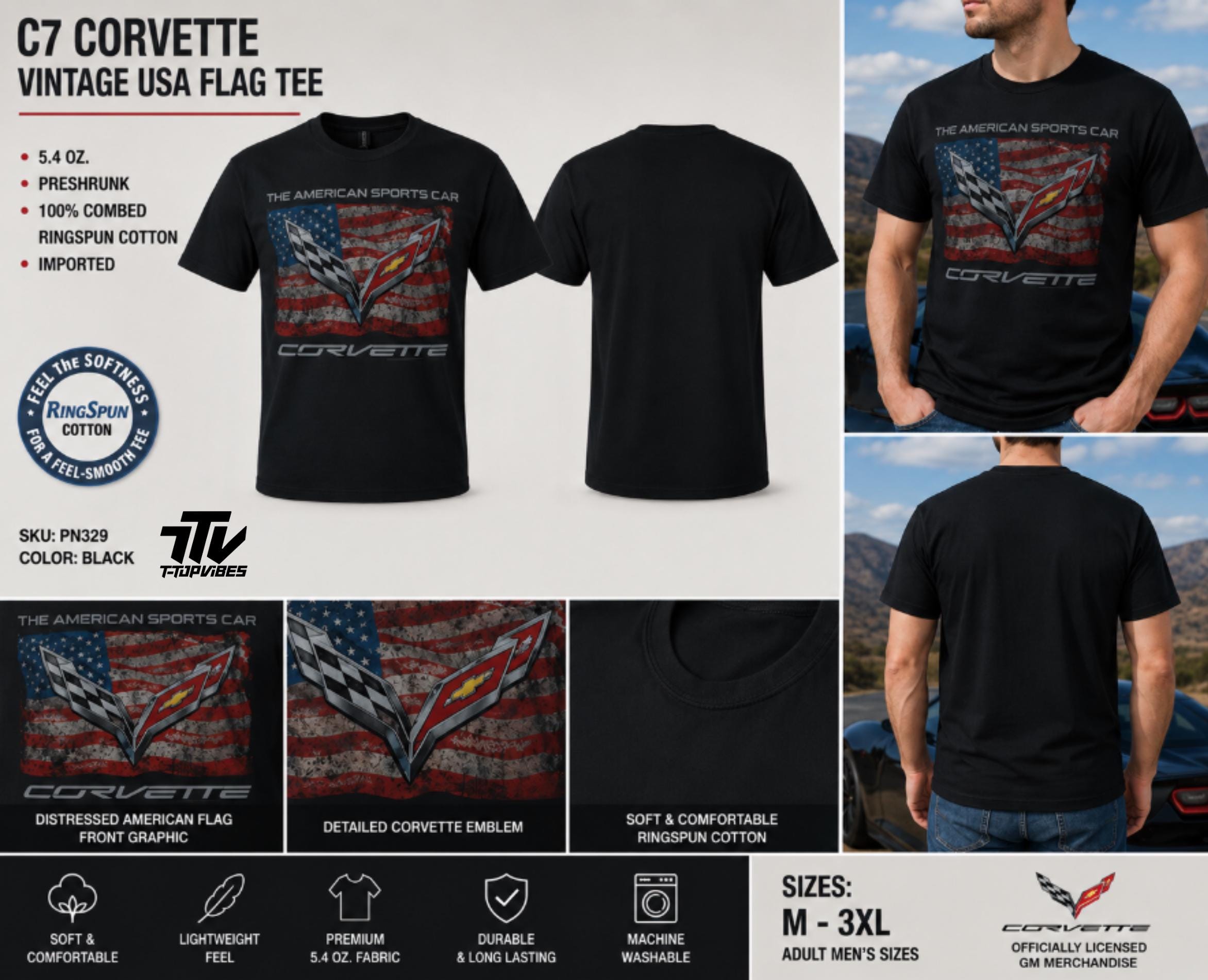 C7 Corvette Vintage USA Flag T-Shirt | American Sports Car Tee