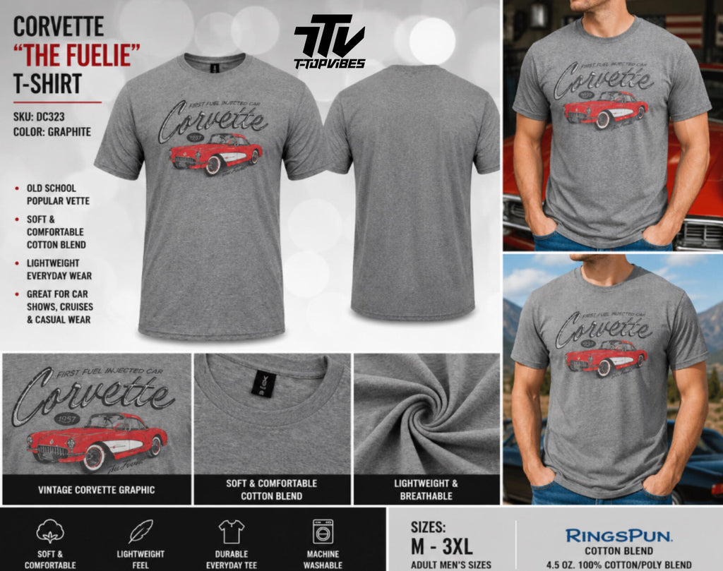 Officially Licensed Corvette "The Fuelie" T-Shirt | Vintage 1957 Corvette Graphic Tee | Classic Chevrolet Shirt