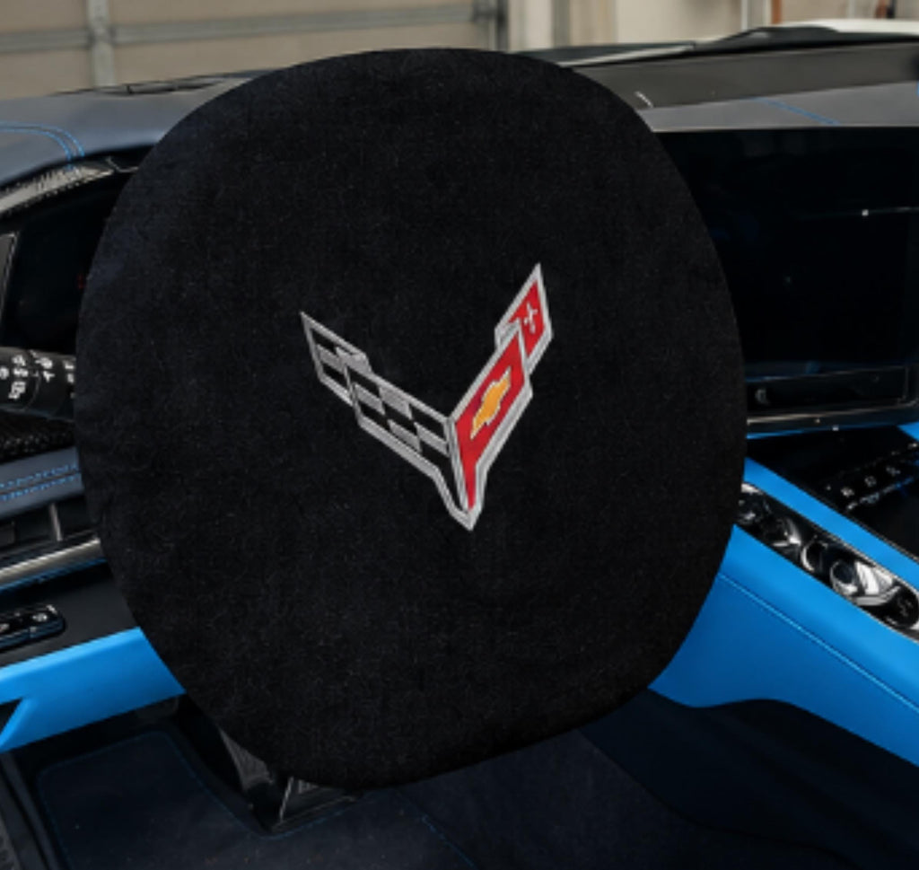 C8 Corvette Steering Wheel Cover | Black Terry Velour, Embroidered Logo