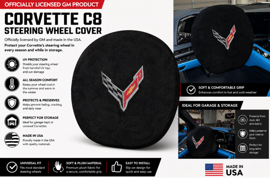C8 Corvette Steering Wheel Cover | Black Terry Velour, Embroidered Logo