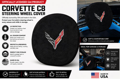 C8 Corvette Steering Wheel Cover | Black Terry Velour, Embroidered Logo