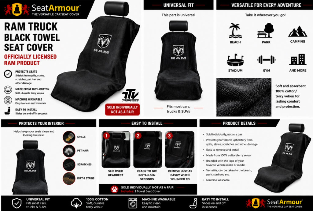 Officially Licensed Ram Truck Seat Cover Towel | 100% Cotton, Machine Washable