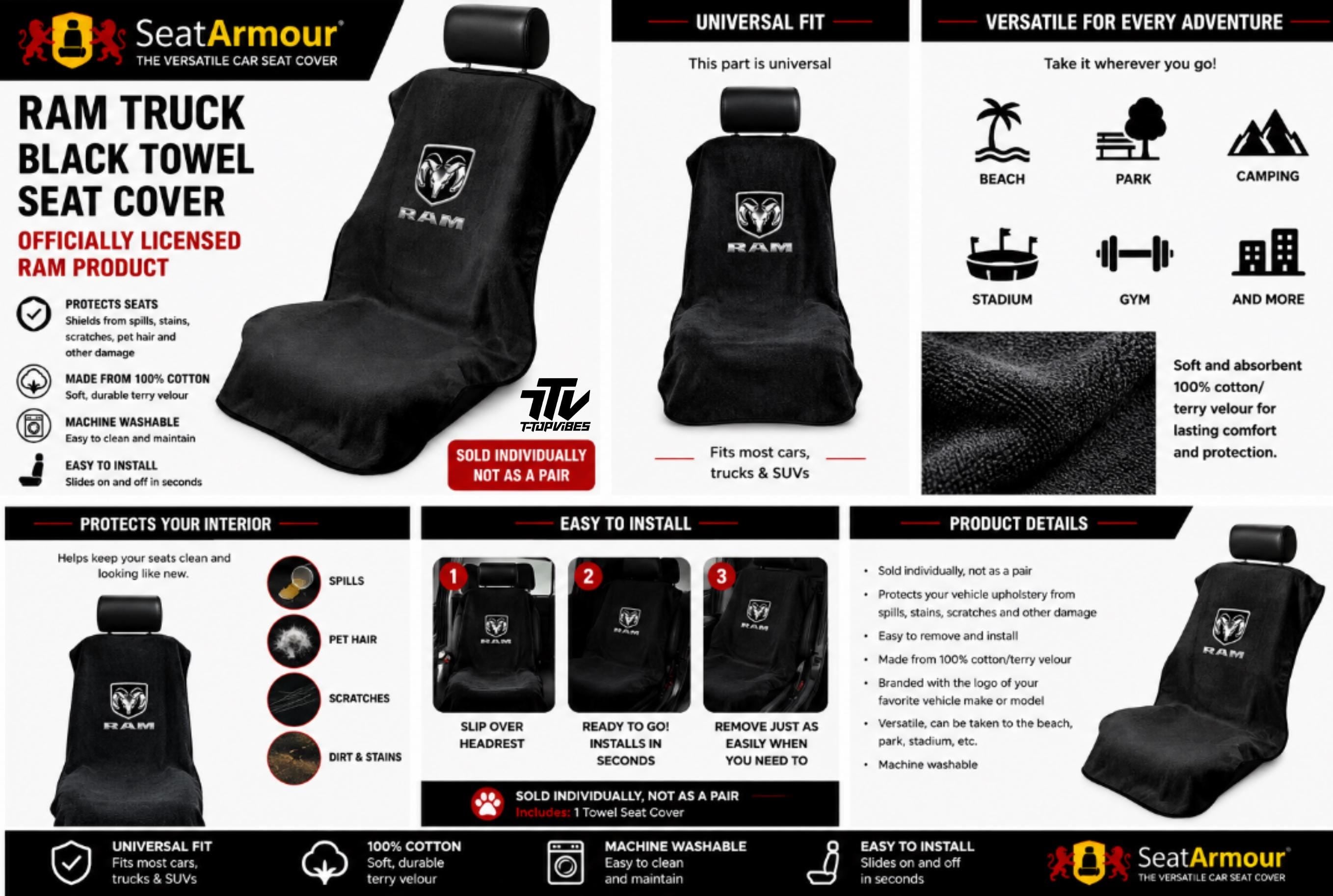 Officially Licensed Ram Truck Seat Cover Towel | 100% Cotton, Machine Washable