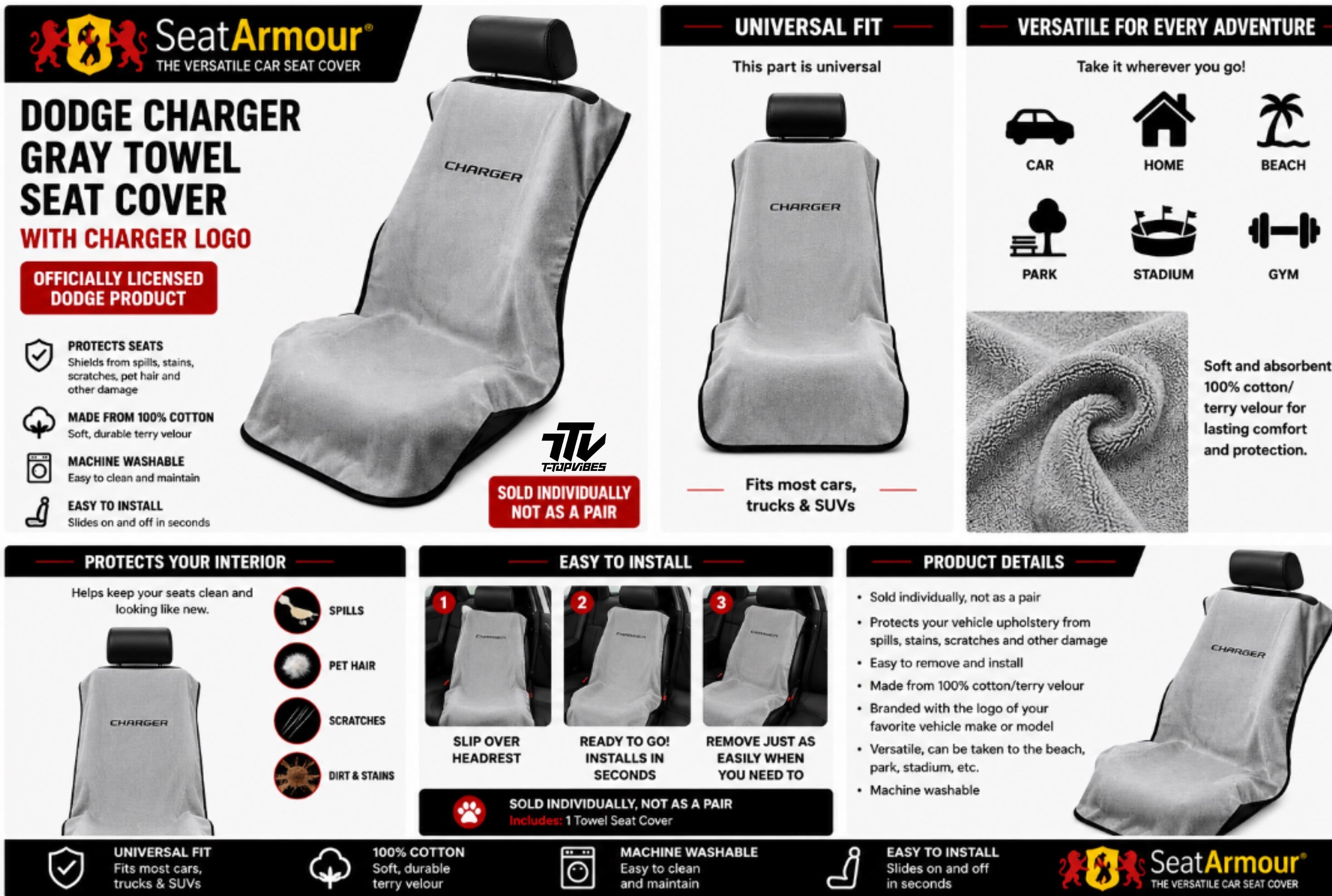Officially Licensed Dodge Charger Gray Cotton Terry Velour Seat Cover Towel