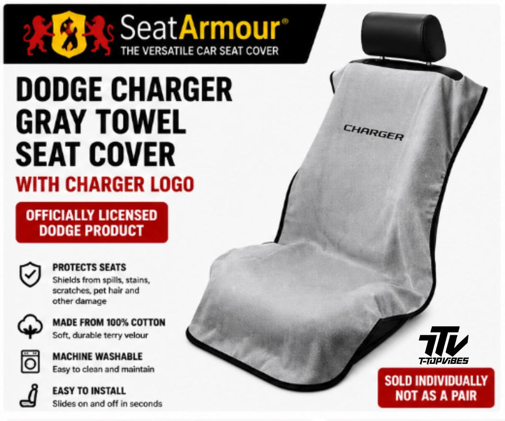 Officially Licensed Dodge Charger Gray Cotton Terry Velour Seat Cover Towel