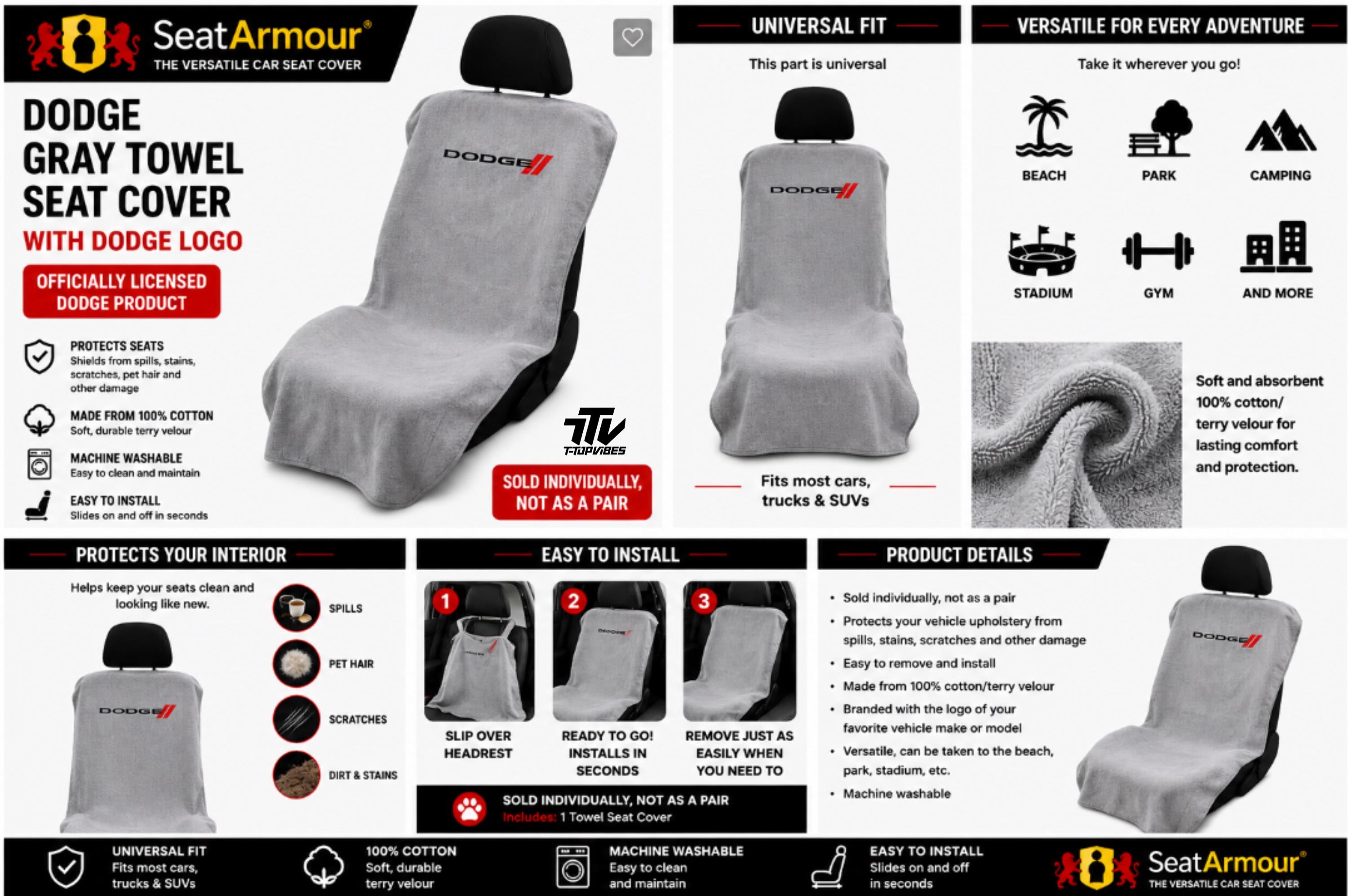 Officially Licensed Dodge Gray Cotton Terry Velour Seat Cover Towel