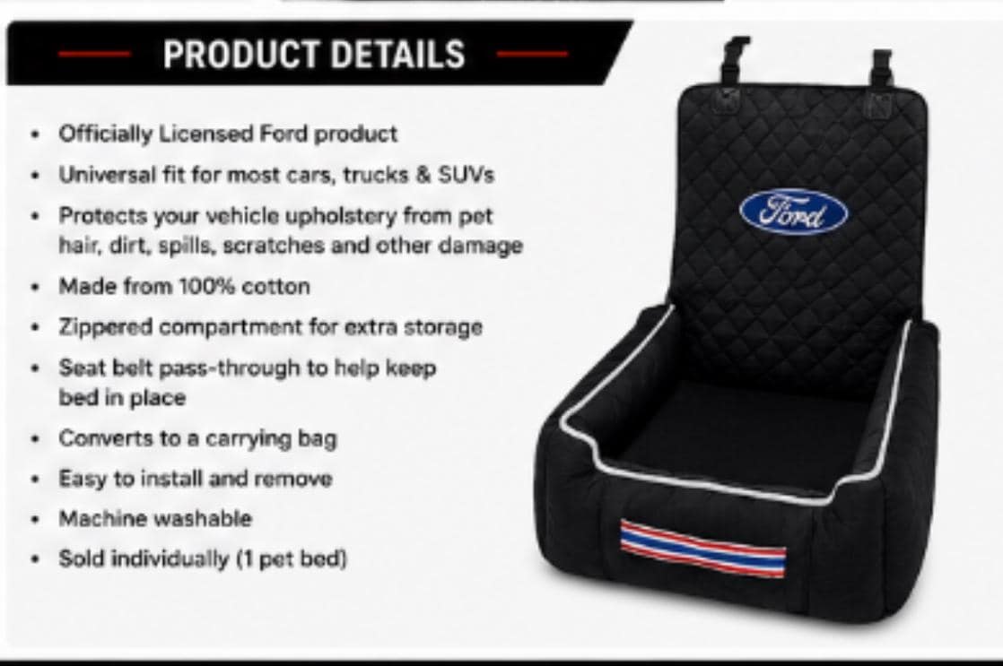 Officially Licensed Ford Pet Car Seat Bed & Cover | Universal Dog Travel Protection