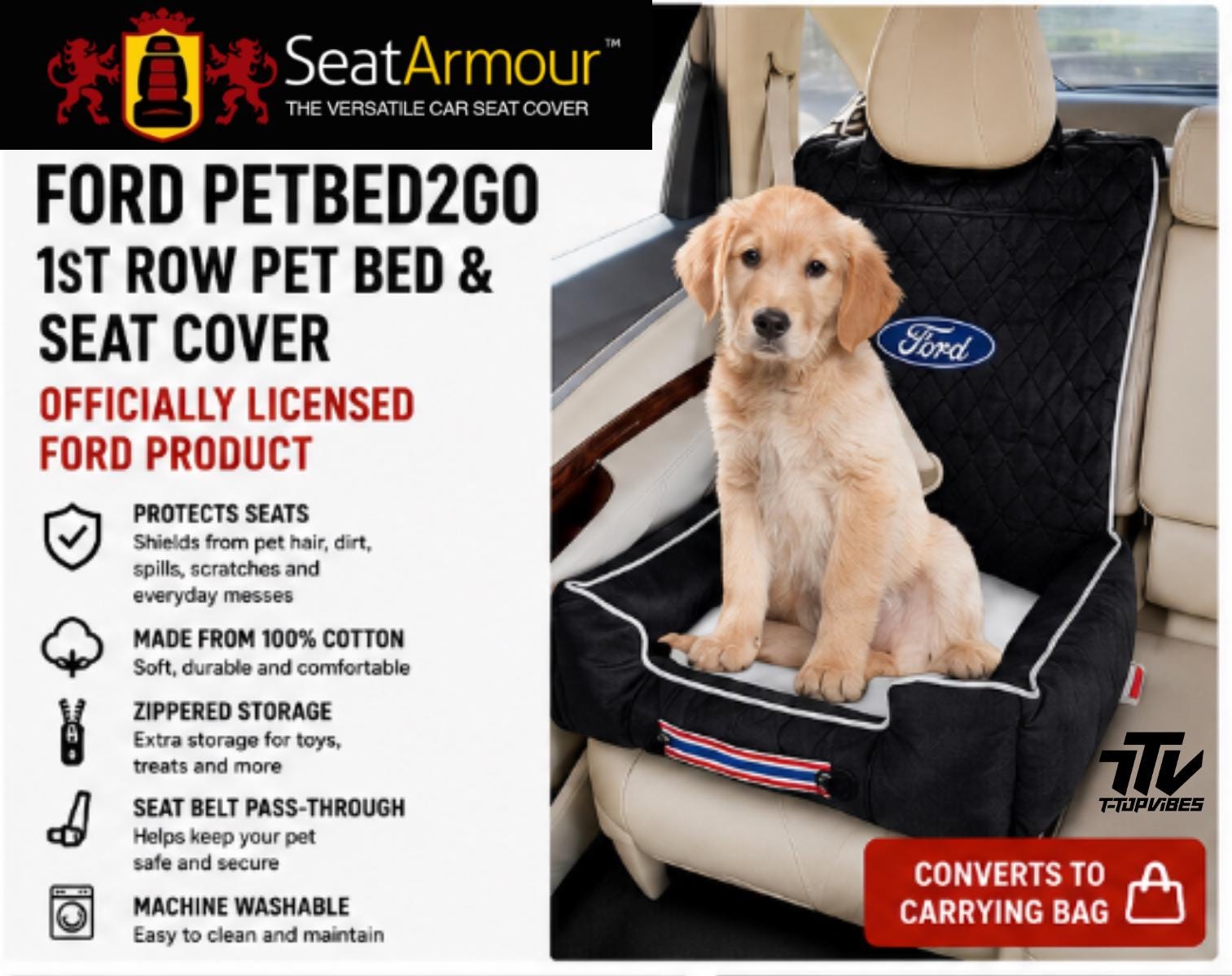 Officially Licensed Ford Pet Car Seat Bed & Cover | Universal Dog Travel Protection