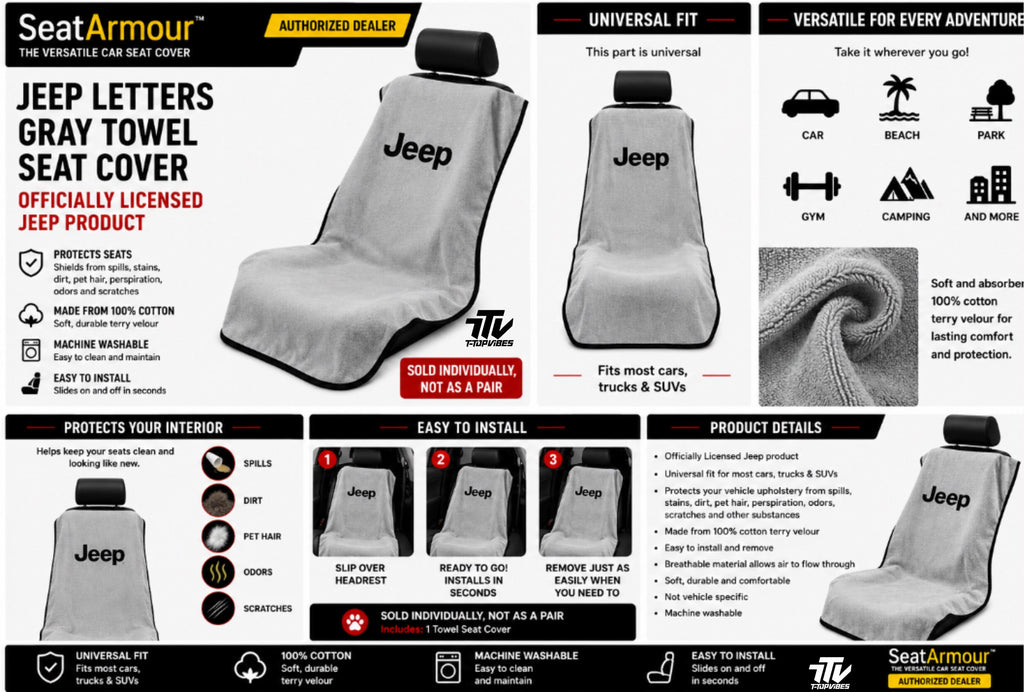 Officially Licensed Jeep Gray Cotton Terry Velour Seat Cover Towel