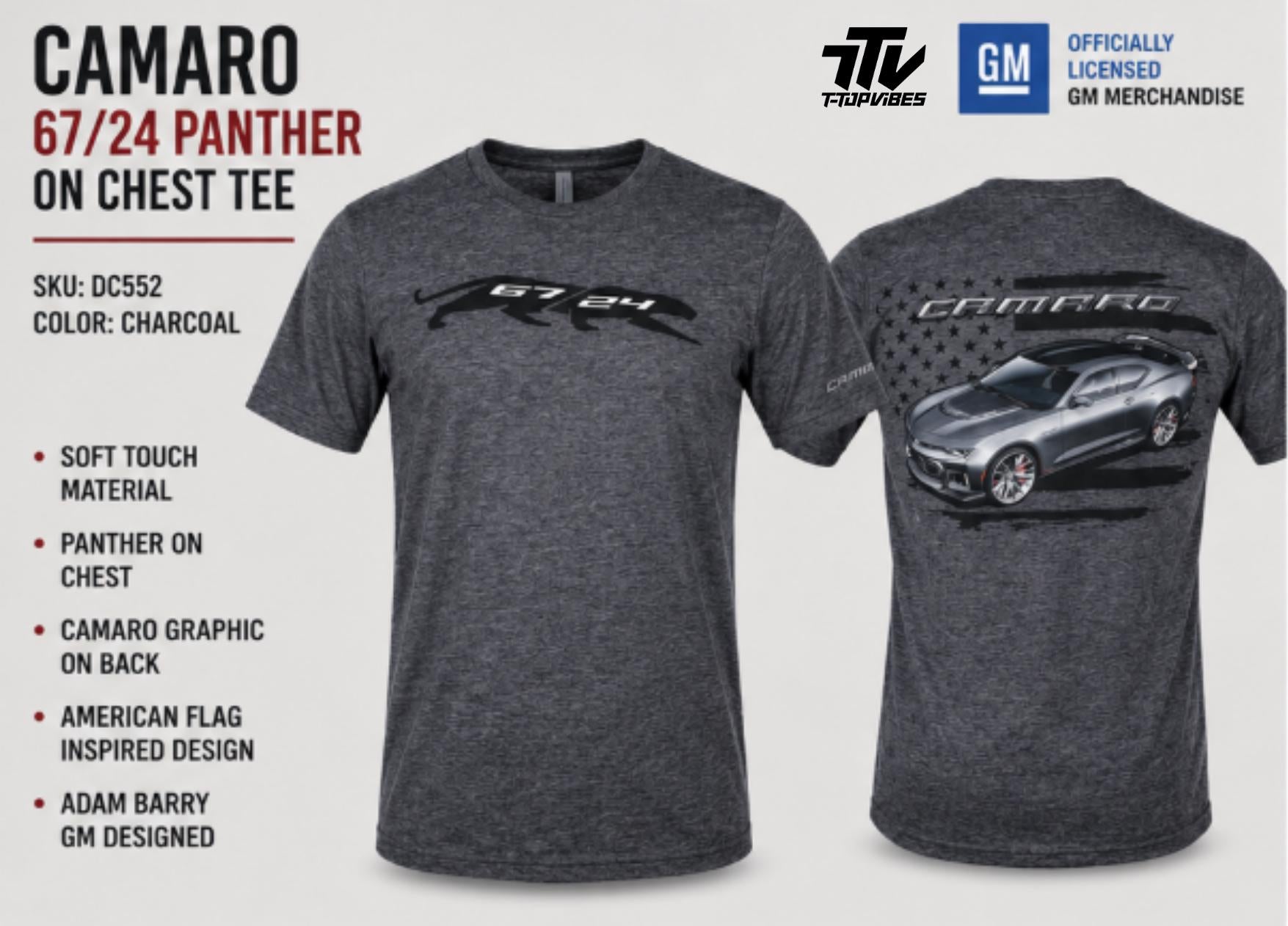 Officially Licensed Camaro T-Shirt | 67/24 Panther Graphic Tee | Charcoal Heather Muscle Car