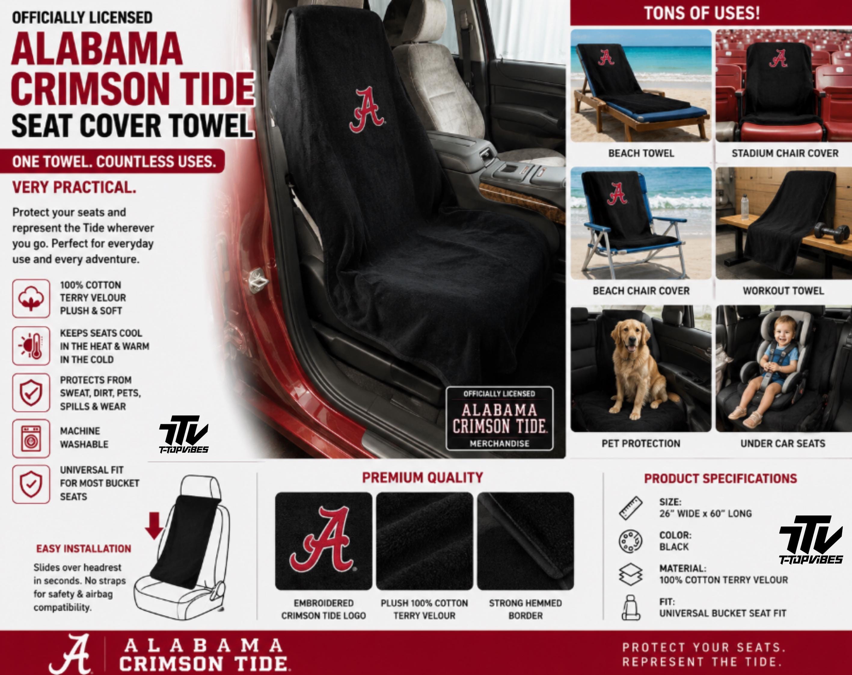 Alabama Crimson Tide Seat Cover Towel, 100% Cotton Terry Velour