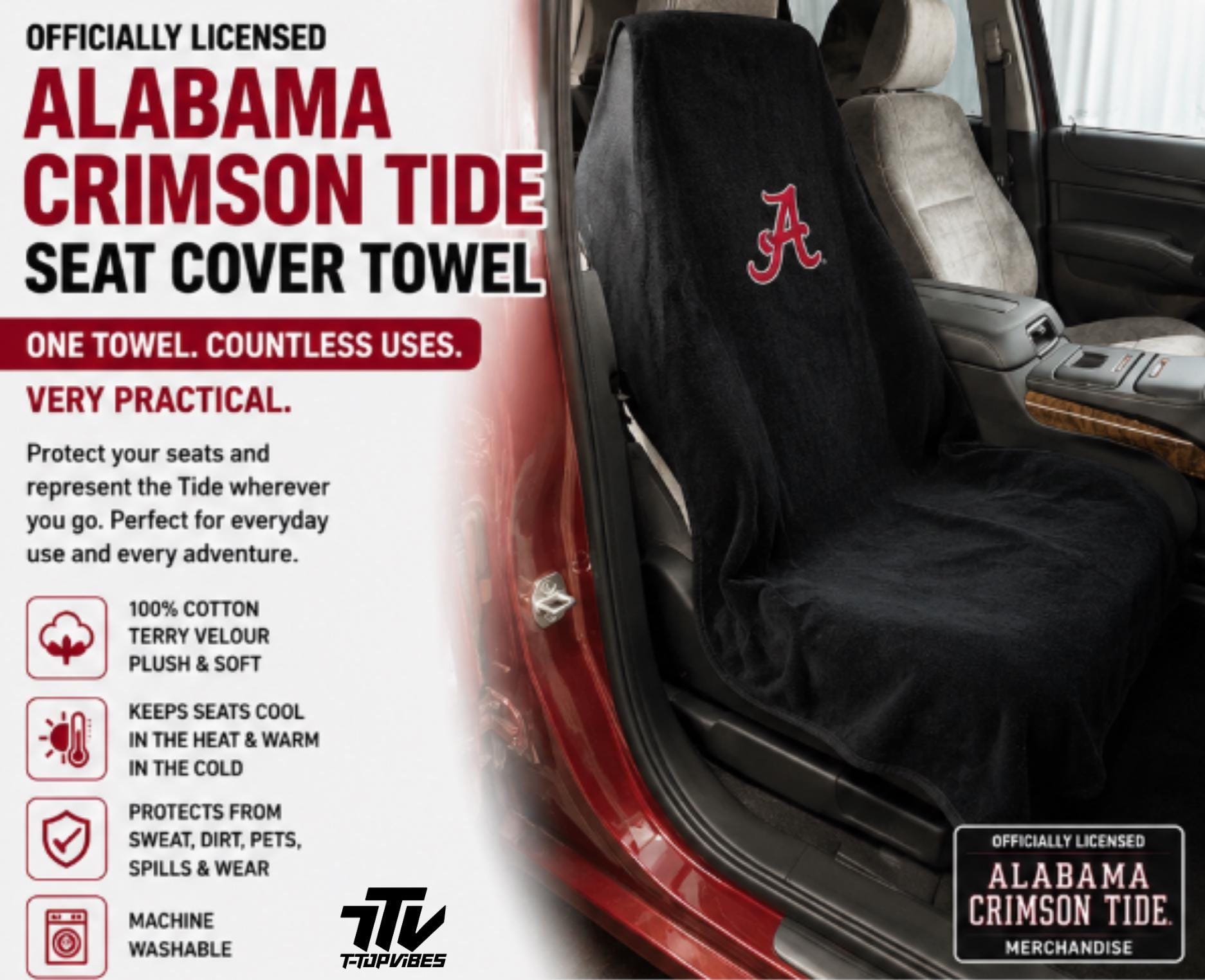 Alabama Crimson Tide Seat Cover Towel, 100% Cotton Terry Velour
