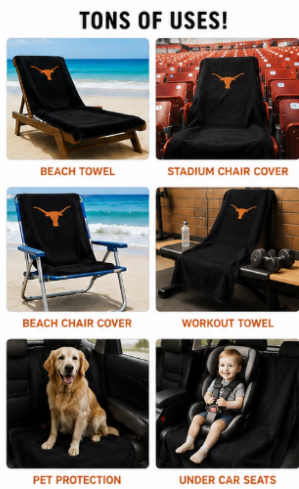 University of Texas Longhorns Seat Cover Towel | 100% Cotton Terry Velour Car Protector