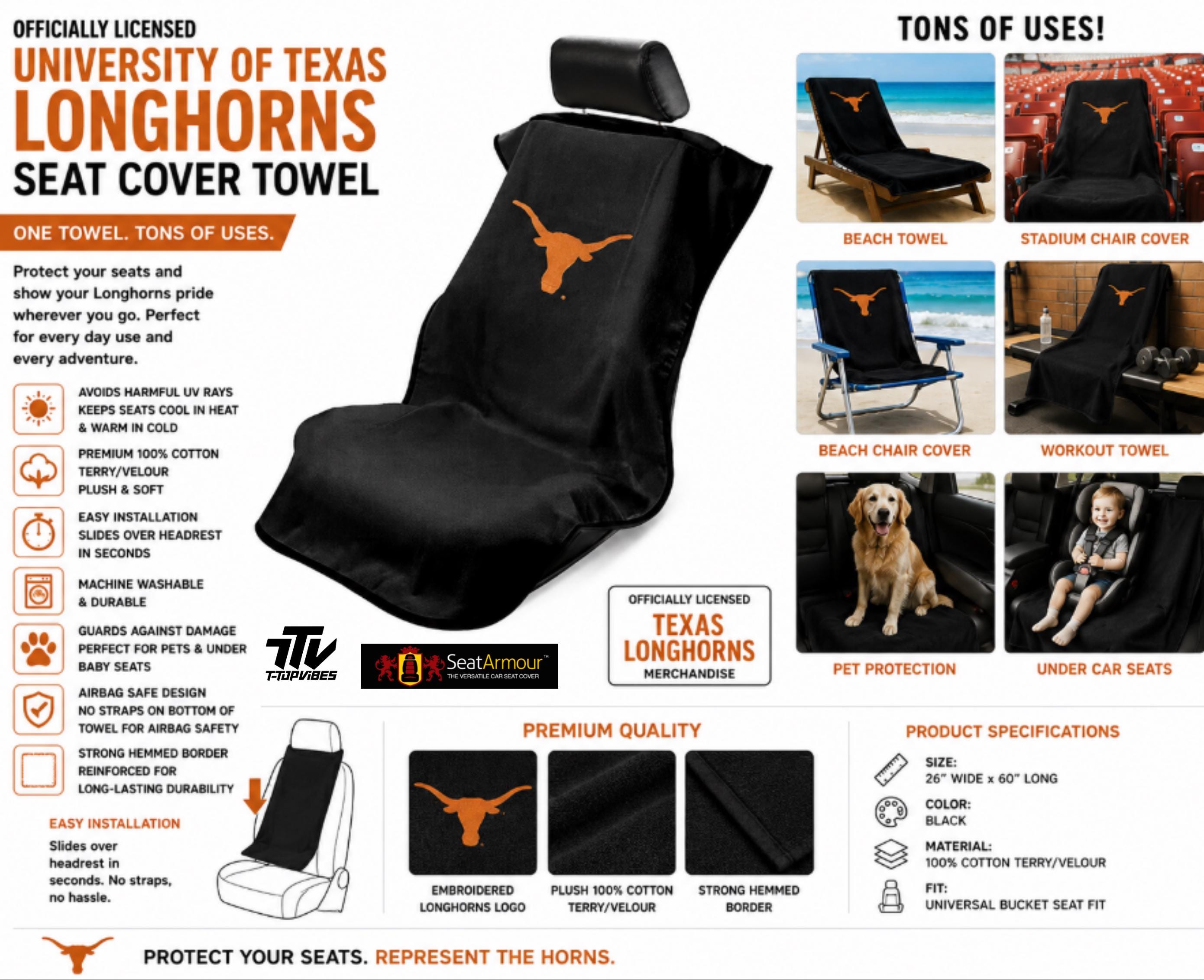 University of Texas Longhorns Seat Cover Towel | 100% Cotton Terry Velour Car Protector