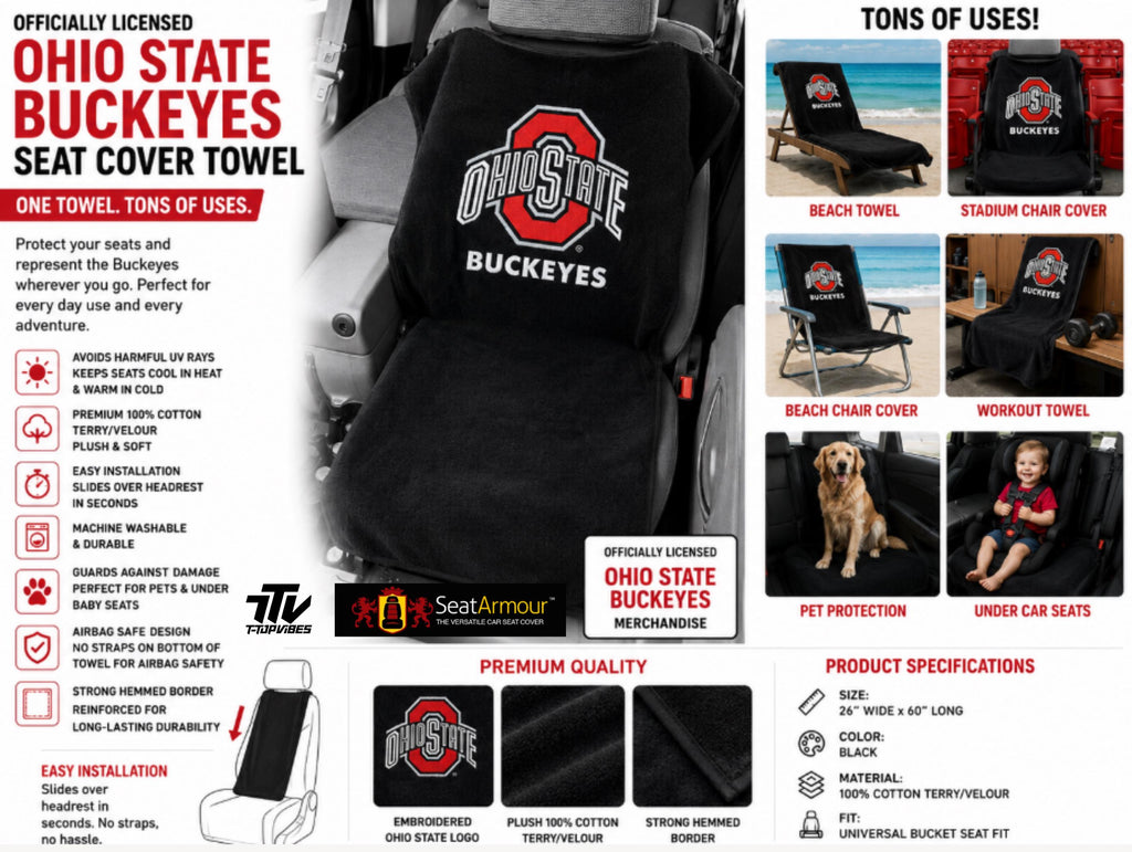 Ohio State Buckeyes Seat Cover Towel | 100% Cotton Terry Velour Protector