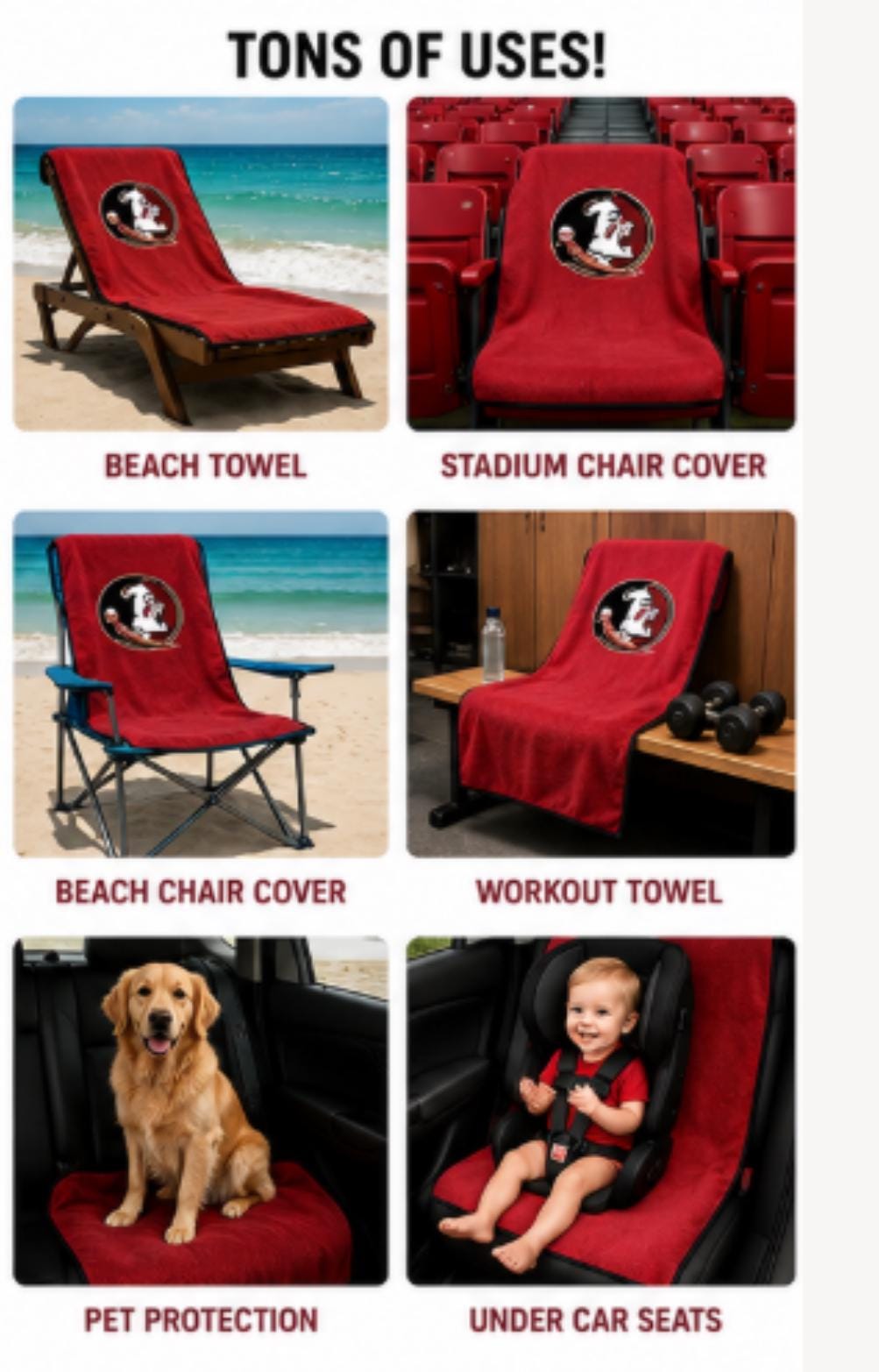 Florida State Seminoles Seat Cover Towel | 100% Cotton Terry Velour, Universal Fit