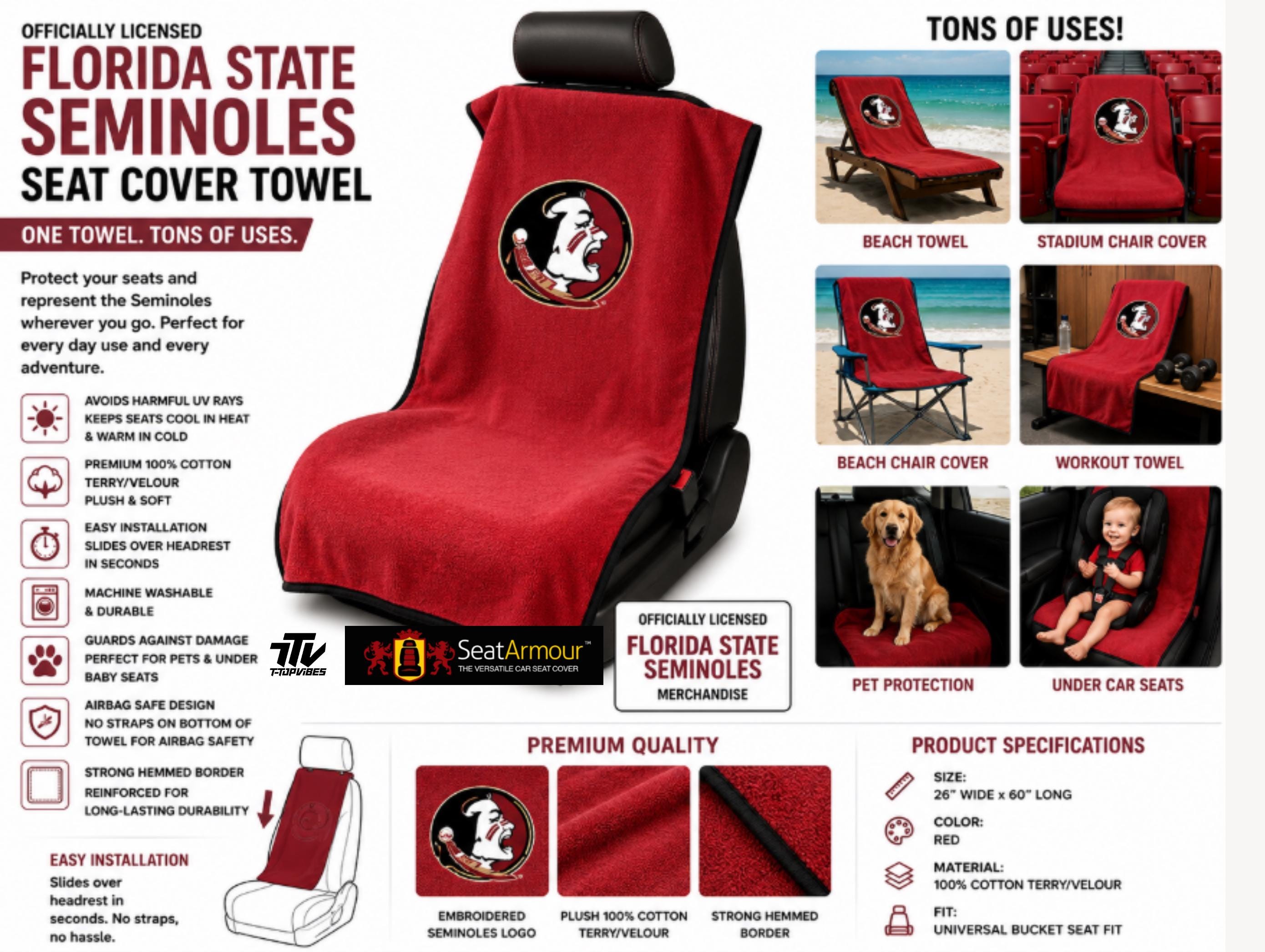 Florida State Seminoles Seat Cover Towel | 100% Cotton Terry Velour, Universal Fit