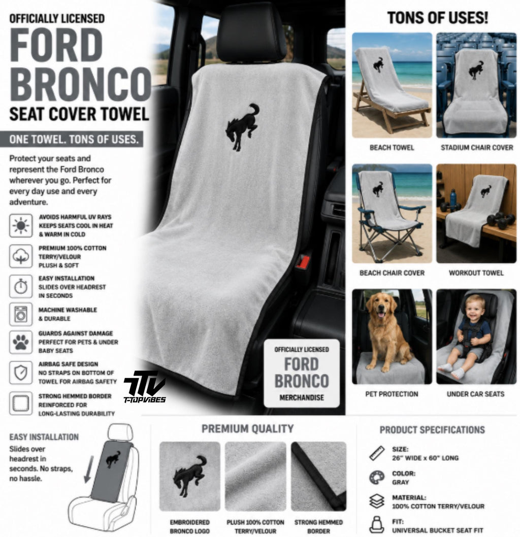 Officially Licensed Ford Bronco Gray Cotton Terry Velour Seat Cover Towel