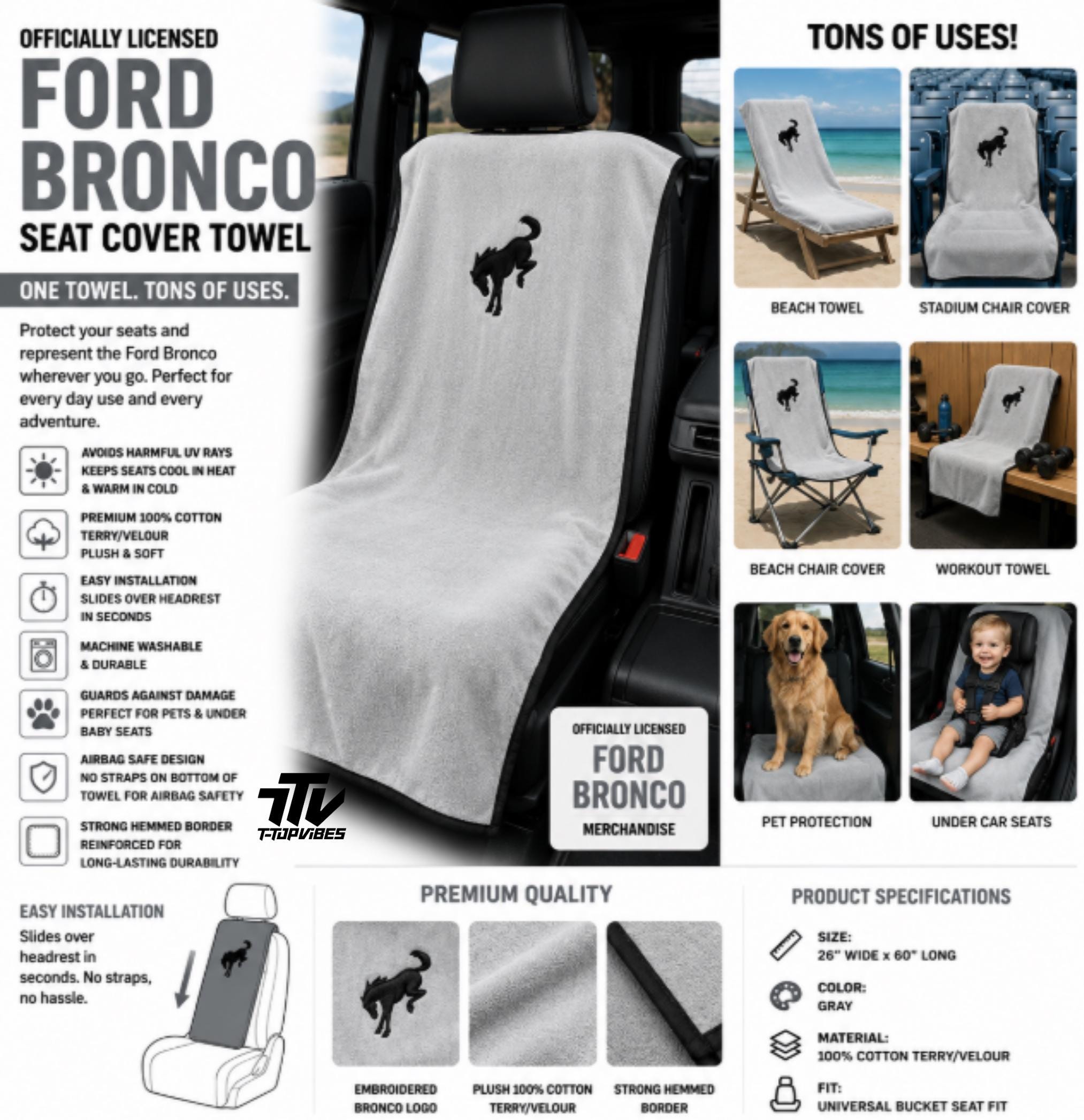 Officially Licensed Ford Bronco Gray Cotton Terry Velour Seat Cover Towel