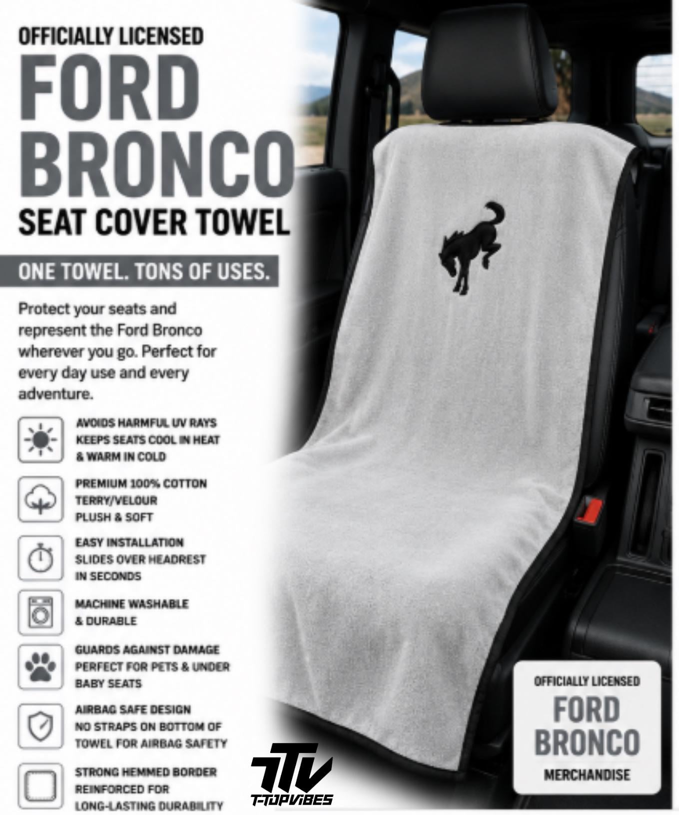 Officially Licensed Ford Bronco Gray Cotton Terry Velour Seat Cover Towel