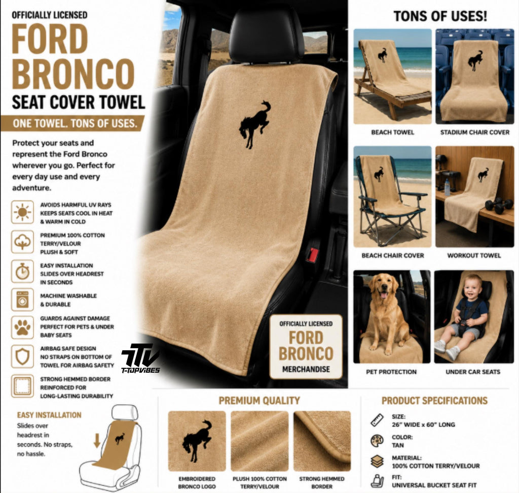 Officially Licensed Ford Bronco Seat Cover Towel | Tan Cotton Terry Velour Bucket Seat Protection