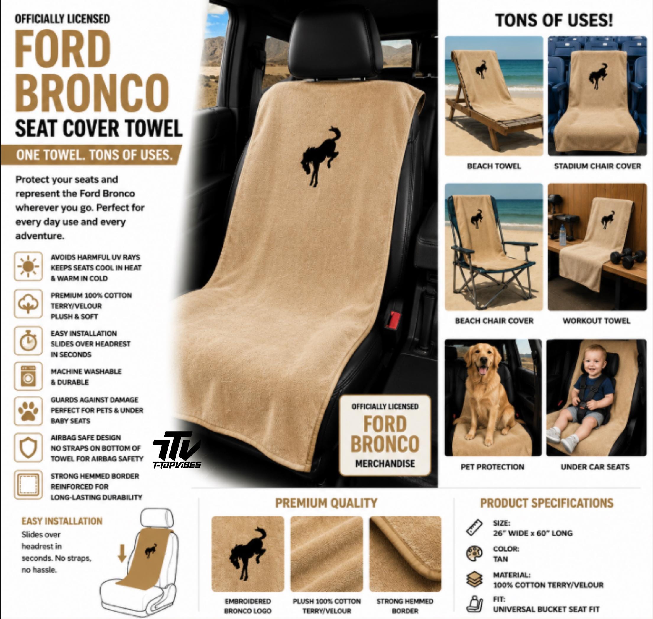 Officially Licensed Ford Bronco Seat Cover Towel | Tan Cotton Terry Velour Bucket Seat Protection