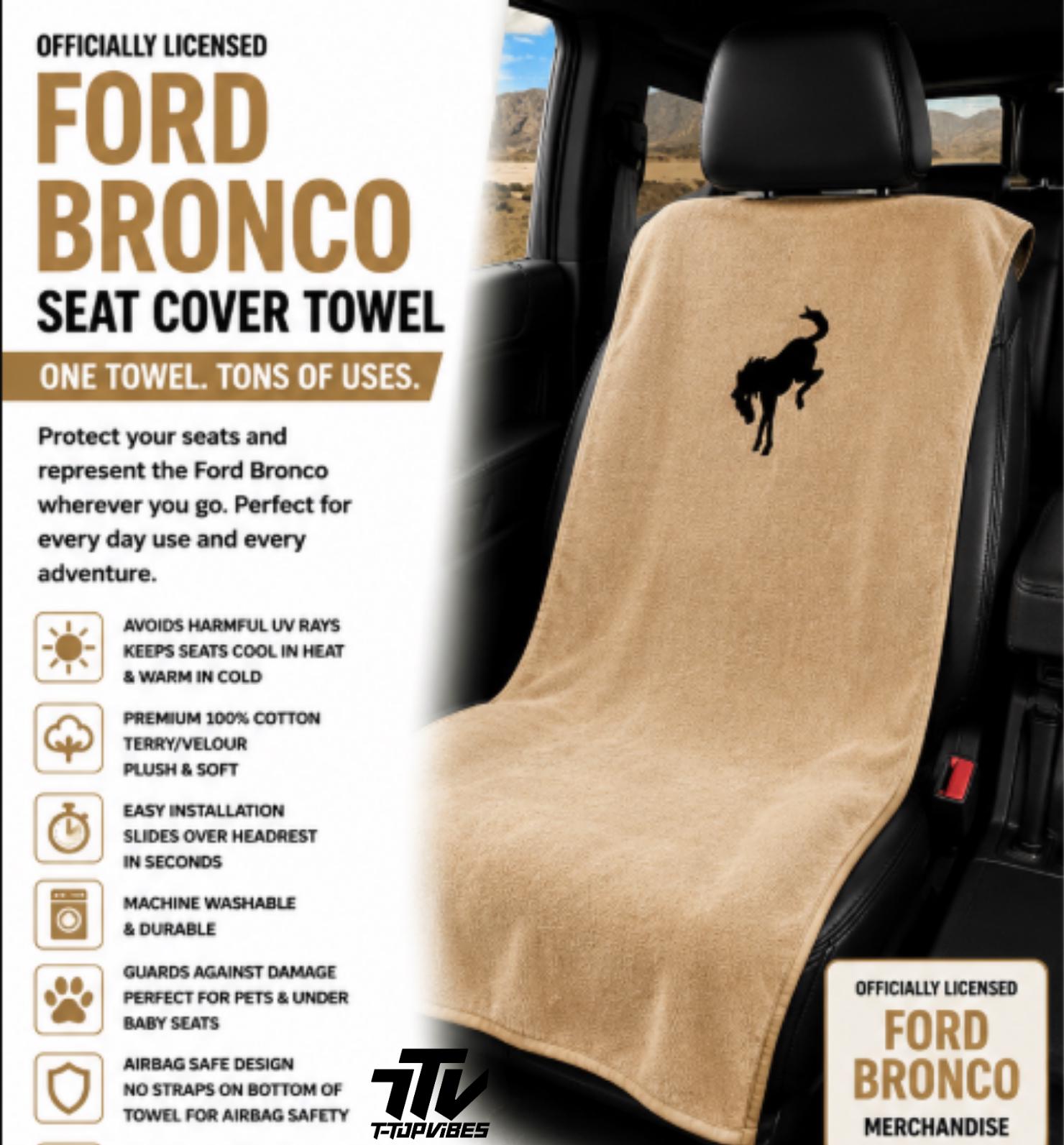 Officially Licensed Ford Bronco Seat Cover Towel | Tan Cotton Terry Velour Bucket Seat Protection
