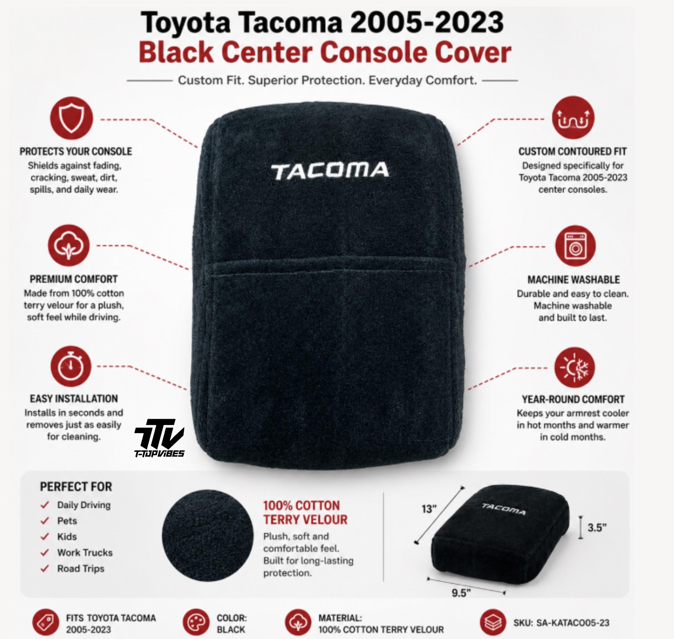 Toyota Tacoma Console Cover | 2005-2023 Cotton Terry Velour Armrest Protector