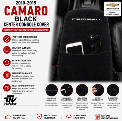 2010-2015 Camaro Console Cover | Black Cotton Terry Velour Armrest Protector
