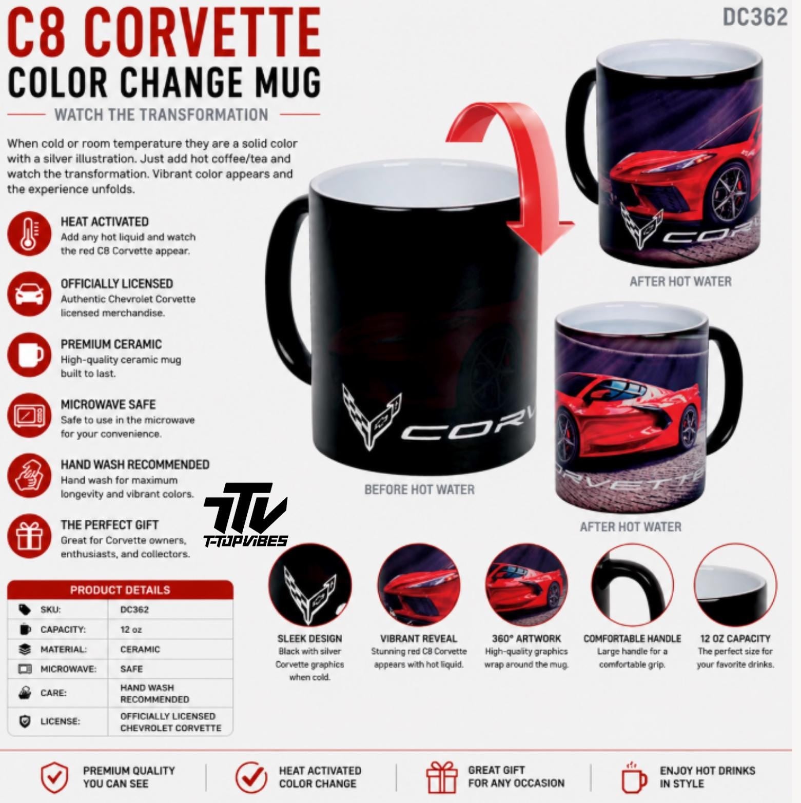 Corvette C8 Color Change Mug | Chevrolet Heat Reveal Ceramic Coffee Cup
