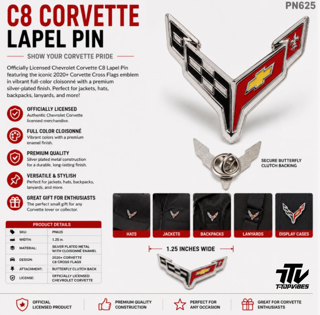Corvette Lapel Pin | Officially Licensed Cross Flags Emblem, Silver Cloisonné