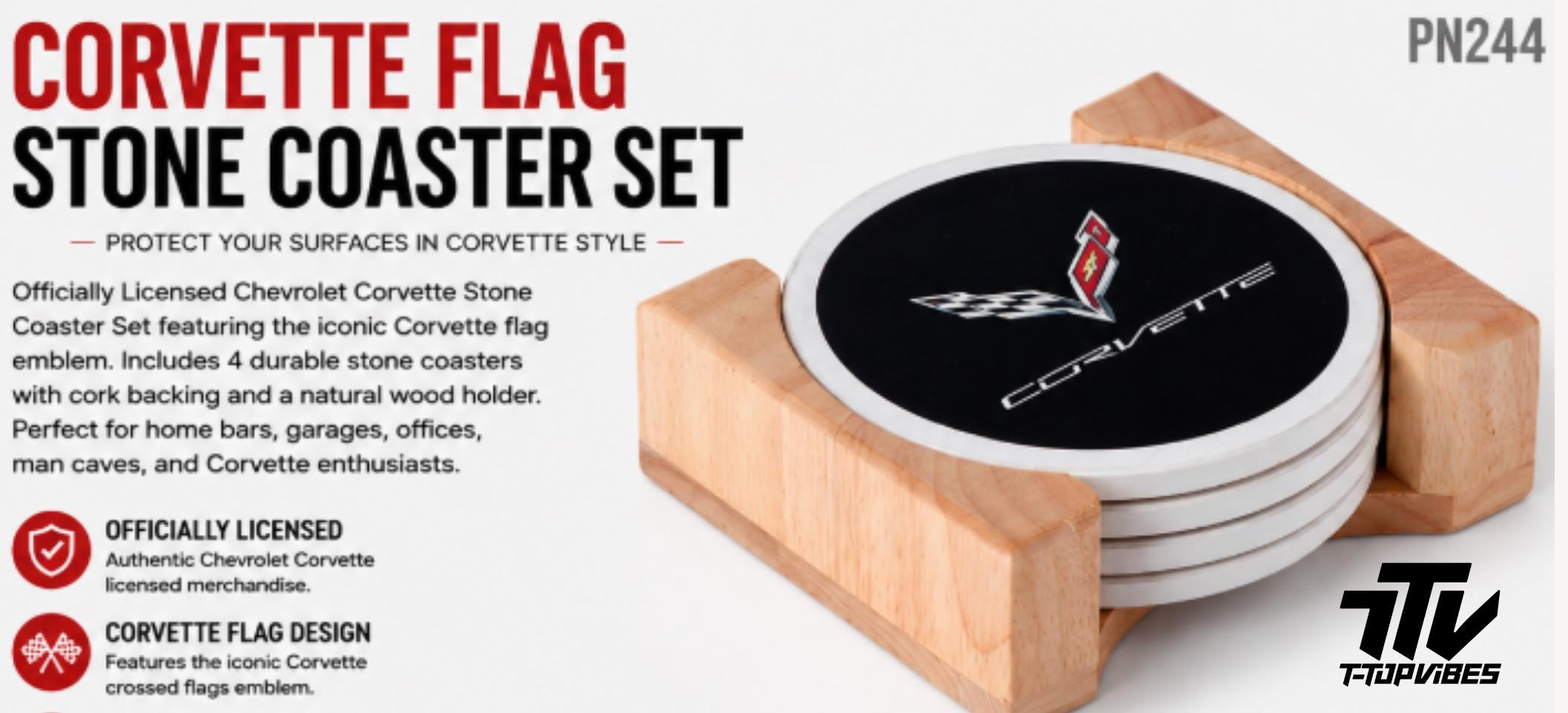 Corvette Flag Stone Coaster Set with Wood Holder (4-Piece)