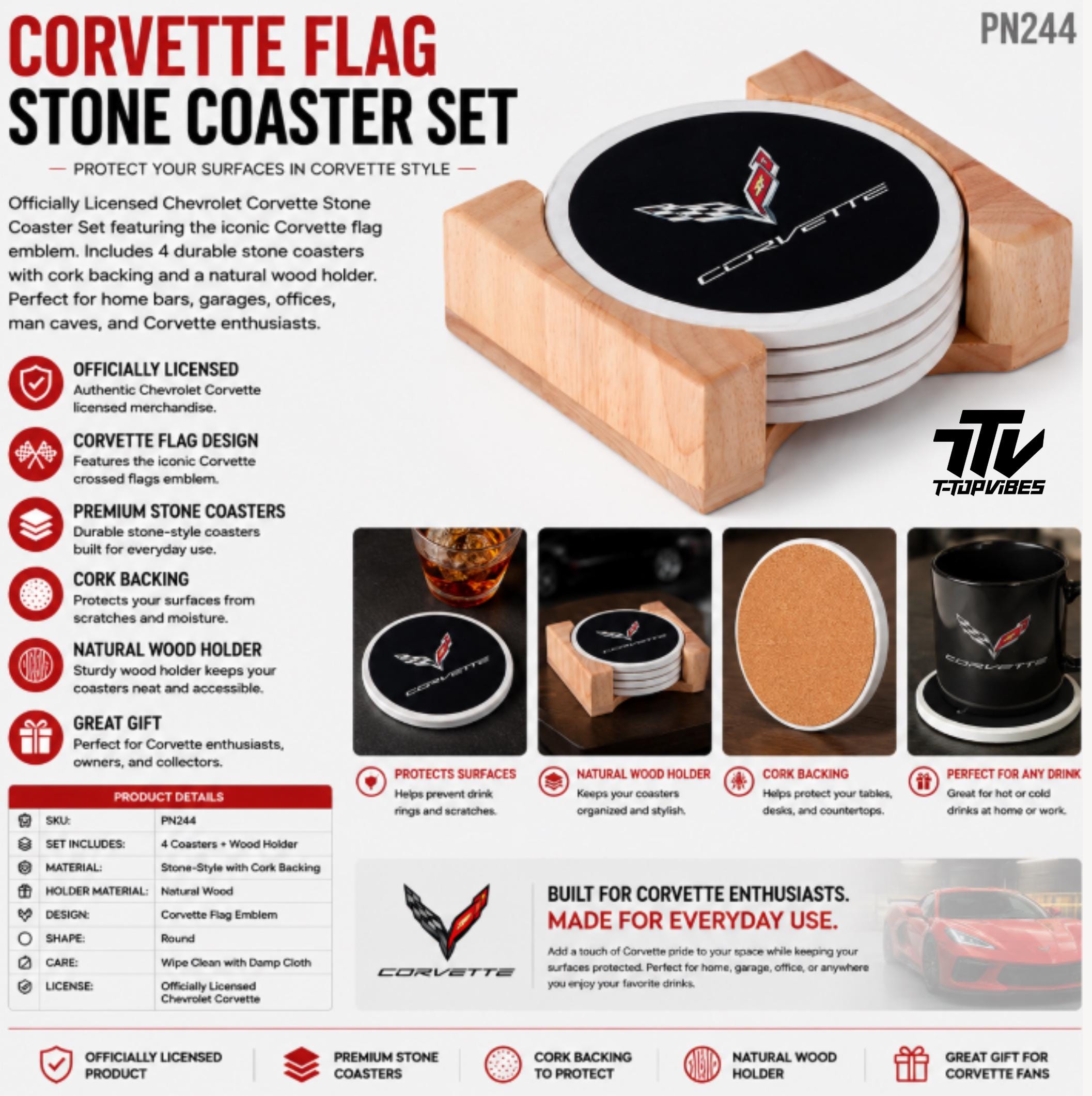 Corvette Flag Stone Coaster Set with Wood Holder (4-Piece)
