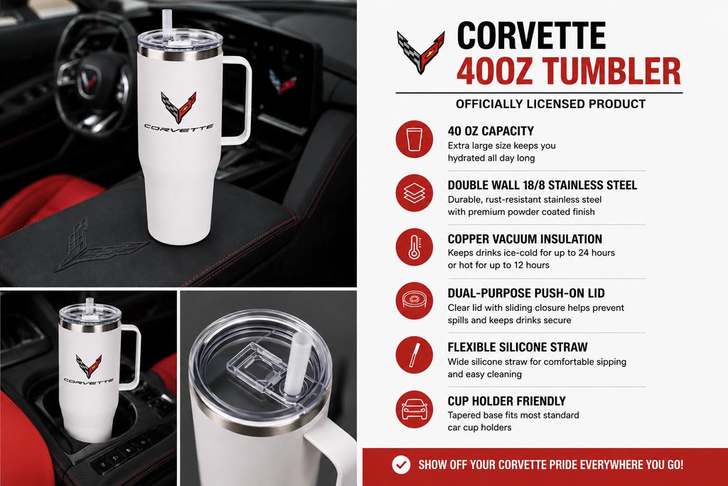 Corvette 40oz Tumbler | Stainless Steel Insulated Travel Mug with Handle & Straw | C8 Corvette Gift
