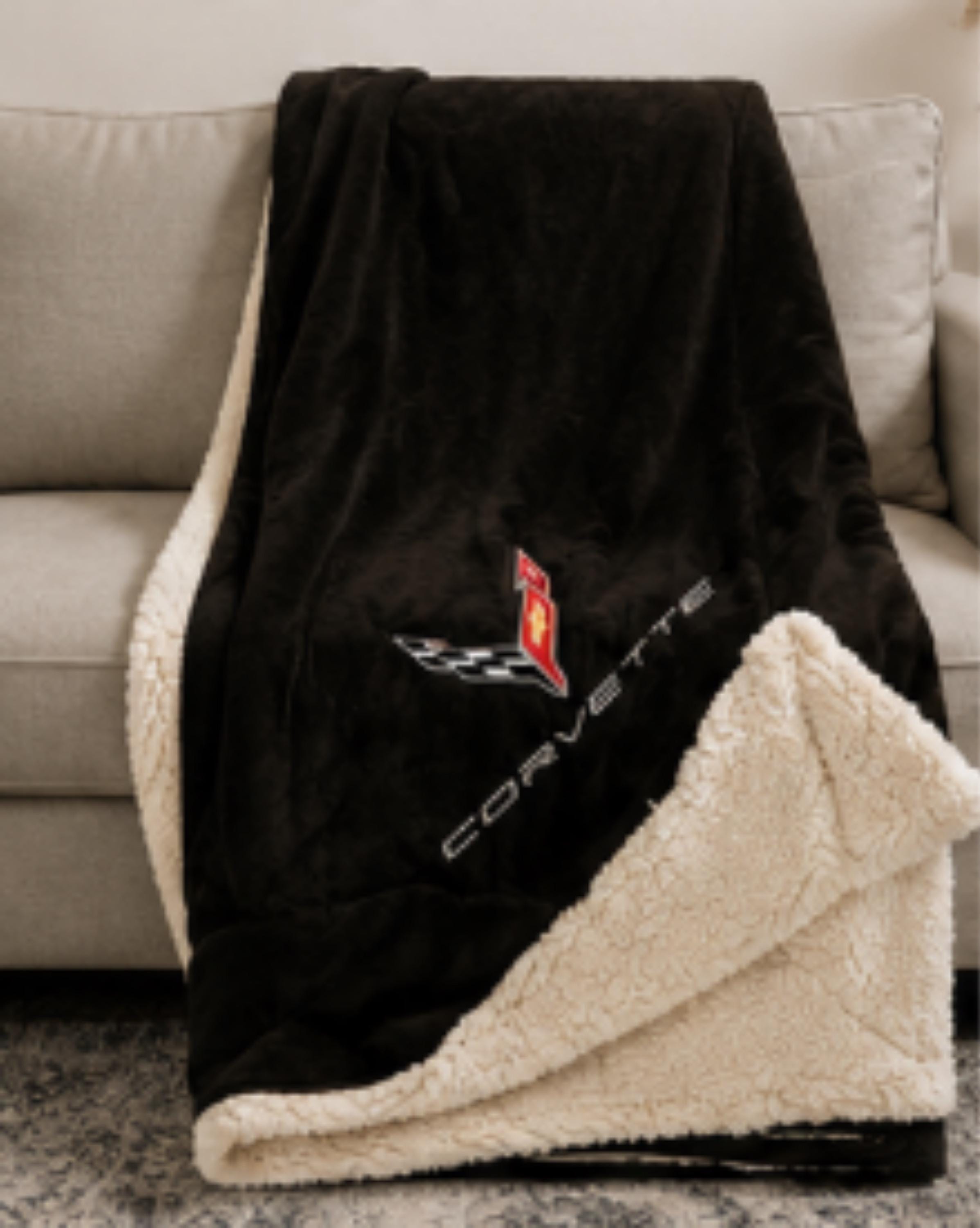 Officially Licensed Corvette Sherpa Blanket | Embroidered Crossed Flags Logo, Plush Fleece Throw