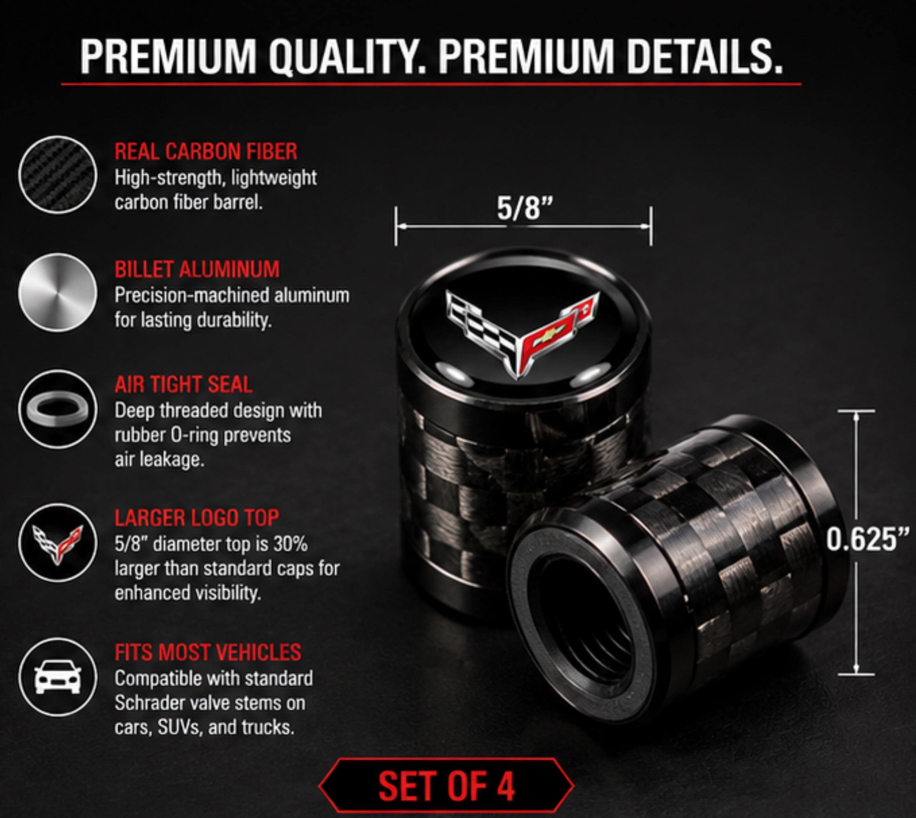 Officially Licensed C8 Corvette Carbon Fiber Valve Stem Caps (Set of 4)