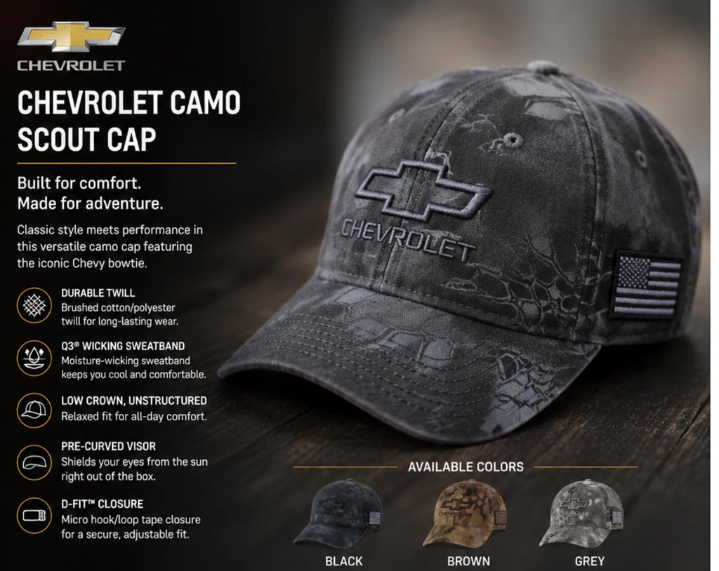 Chevrolet Camo Tactical Cap | Embroidered Bowtie, American Flag Patch