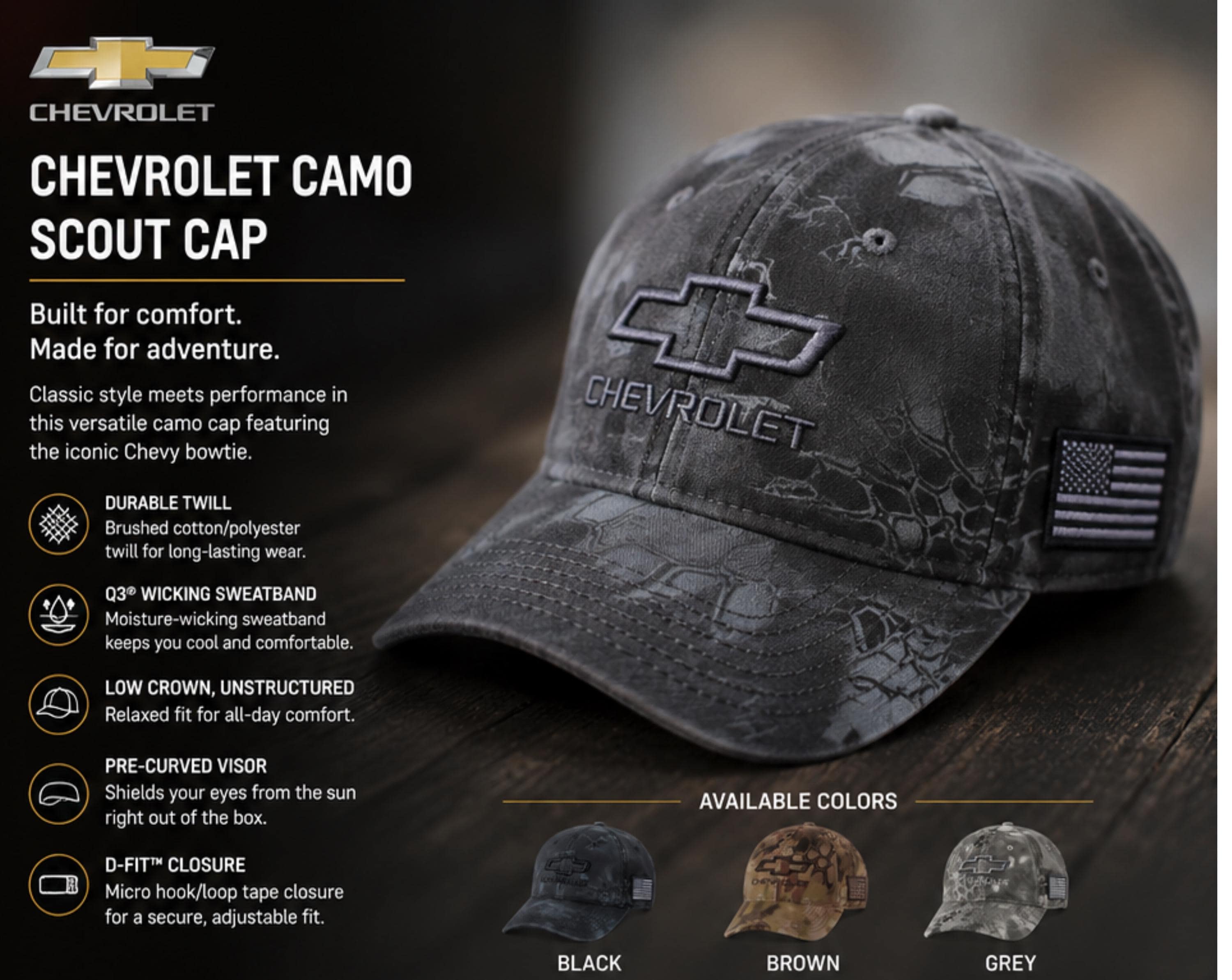 Chevrolet Camo Tactical Cap | Embroidered Bowtie, American Flag Patch