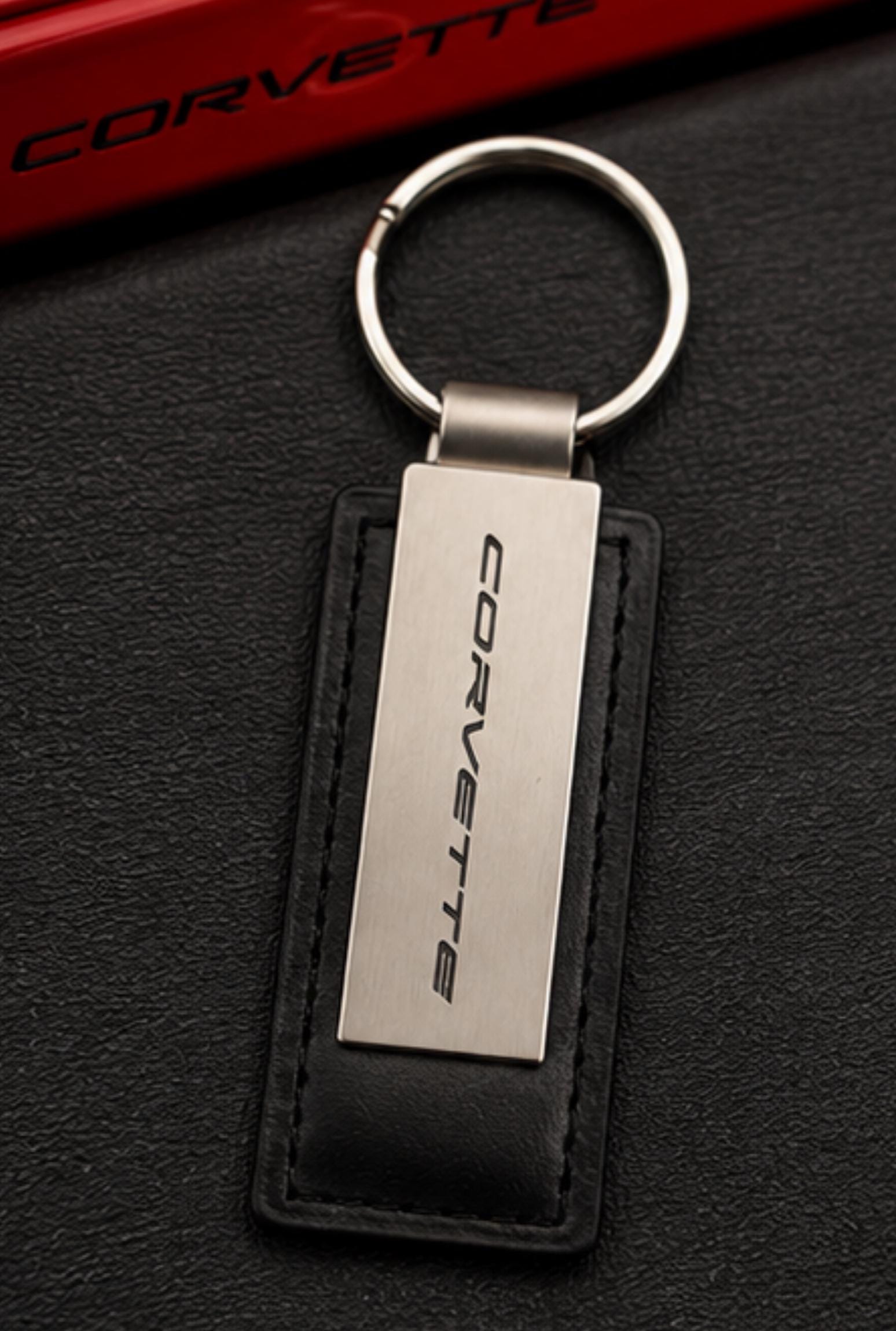 Corvette Metal Leather Keychain | Brushed Metal Key Ring | Car Enthusiast Gift