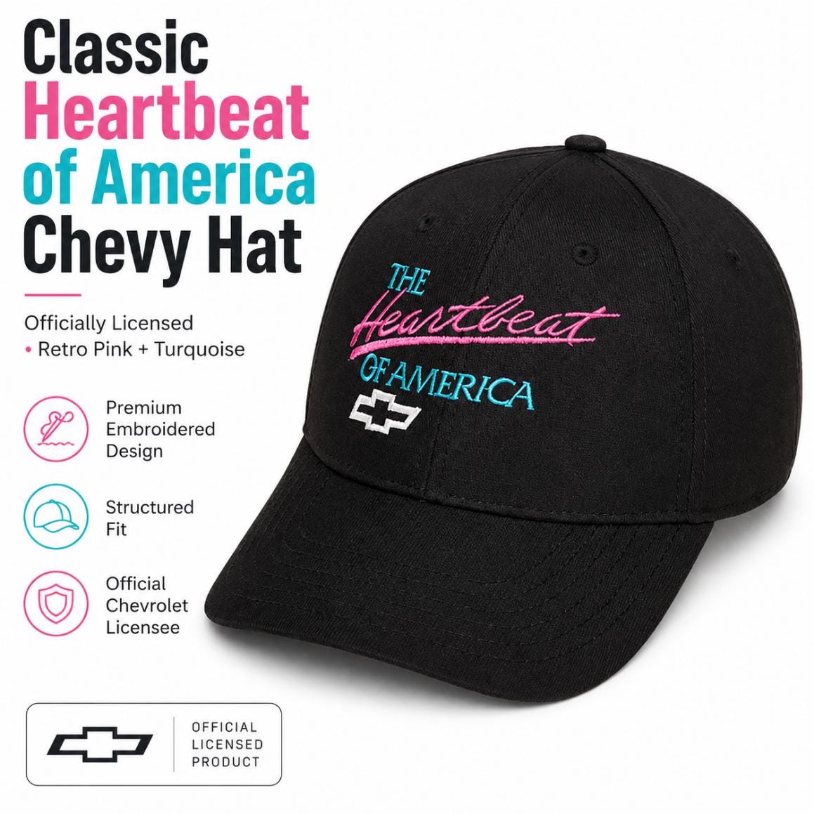Chevy Heartbeat of America Hat, Retro Pink Turquoise Embroidered Baseball Cap, Classic Chevy Gift