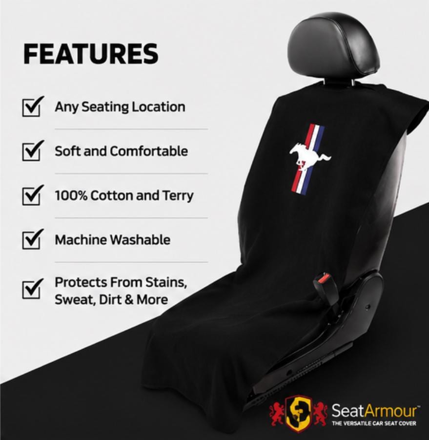 Ford Mustang Seat Cover Towel | Black Cotton Terry Seat Protector, Officially Licensed