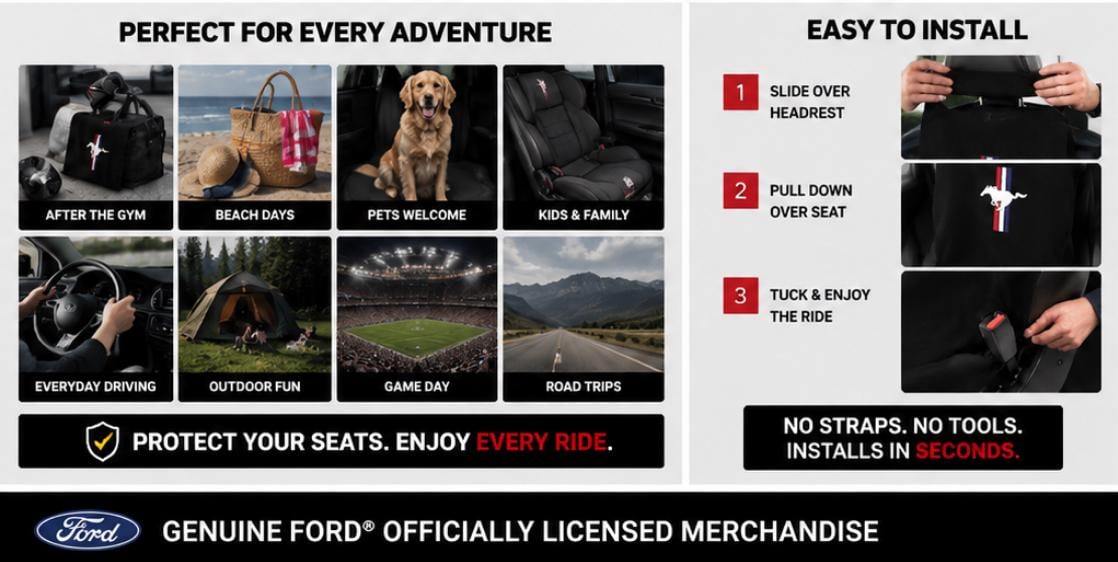Ford Mustang Seat Cover Towel | Black Cotton Terry Seat Protector, Officially Licensed