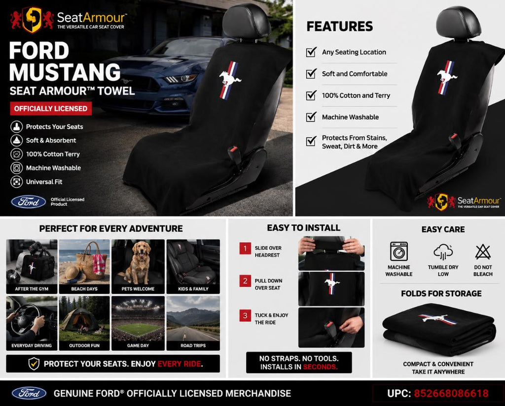 Ford Mustang Seat Cover Towel | Black Cotton Terry Seat Protector, Officially Licensed