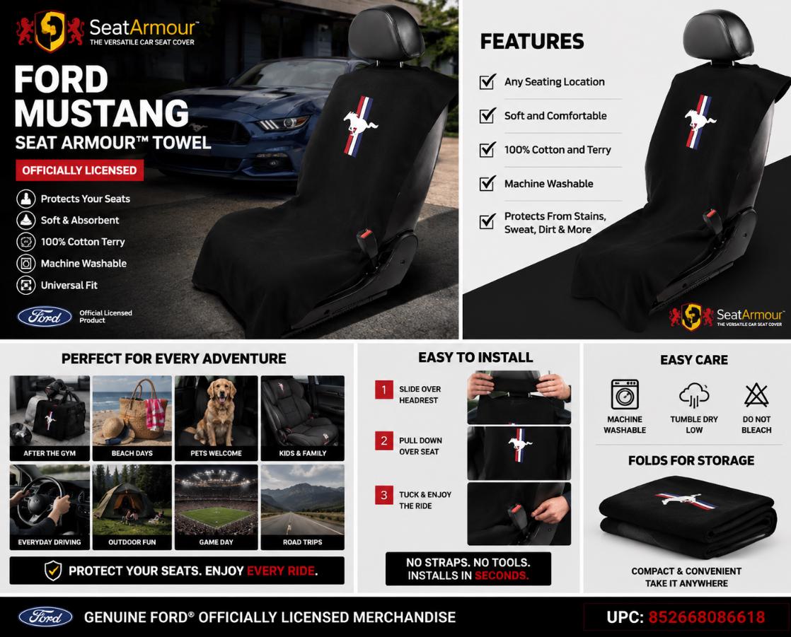 Ford Mustang Seat Cover Towel | Black Cotton Terry Seat Protector, Officially Licensed