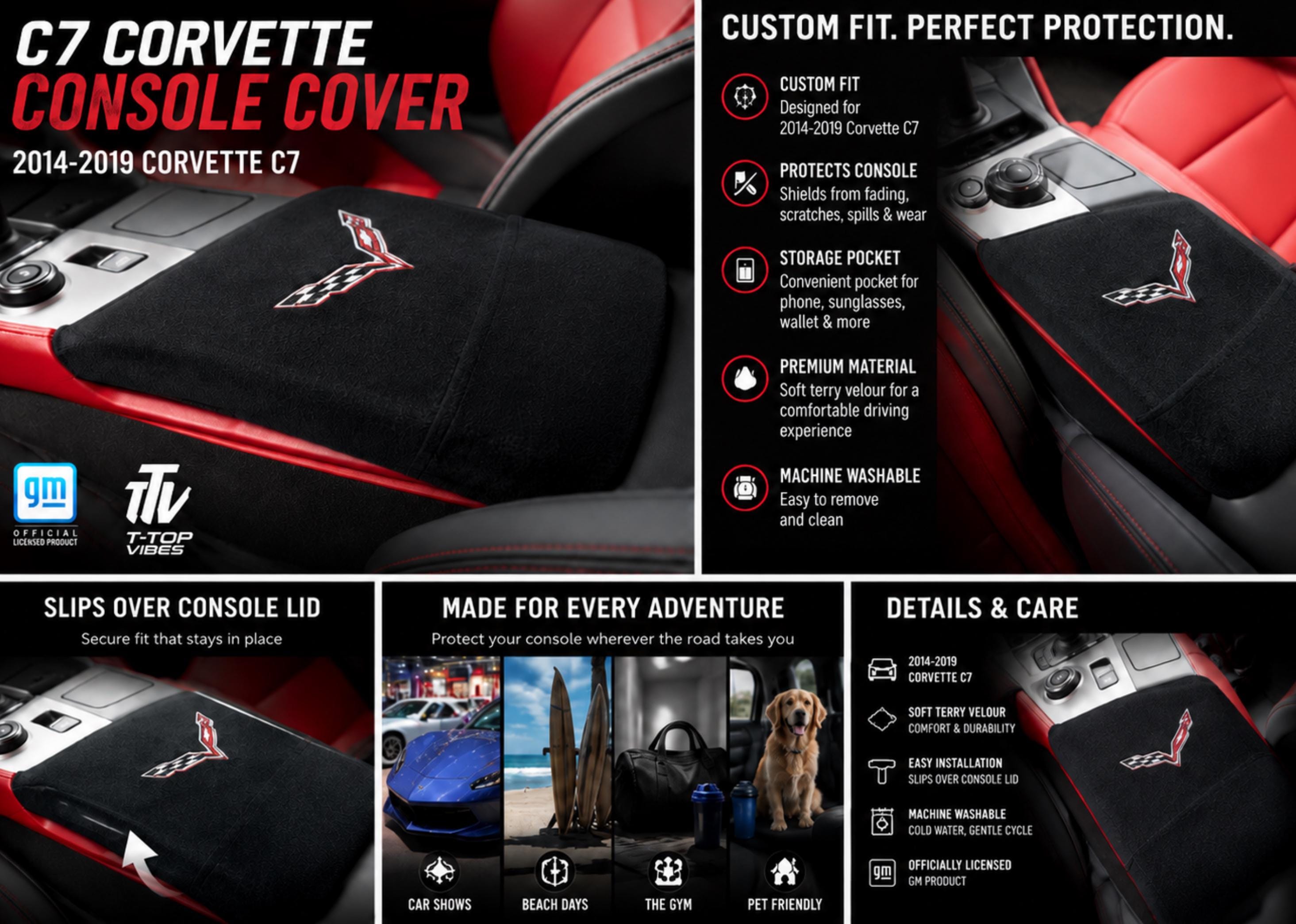 C7 Corvette Console Cover | Black Terry Velour with Storage Pocket (2014-2019)