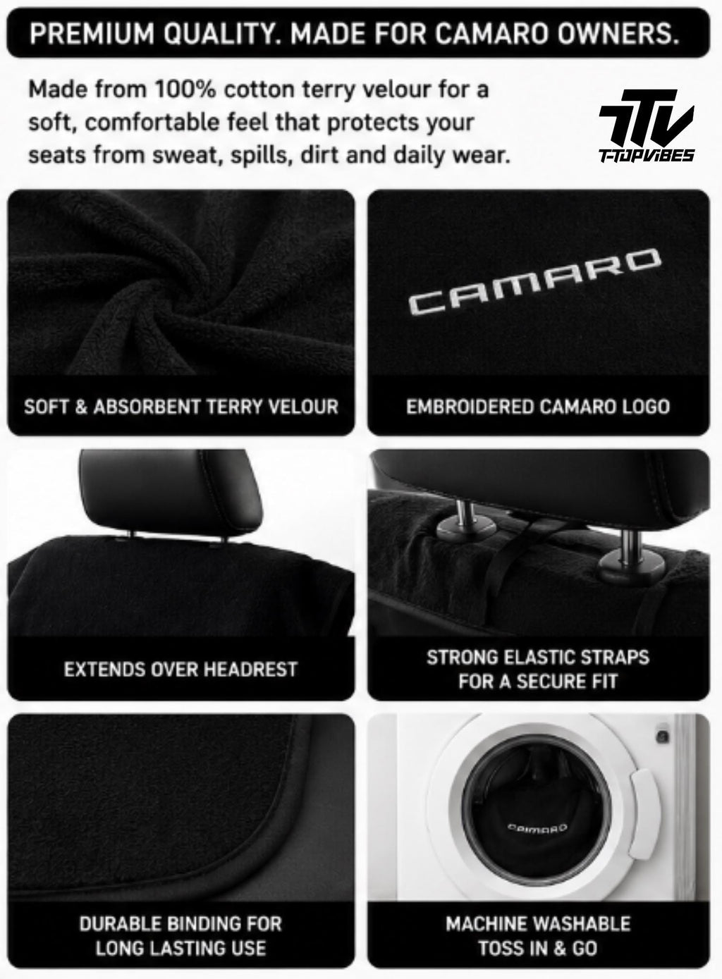 Officially Licensed Camaro Seat Cover Towel | Black Cotton Terry Velour Protector