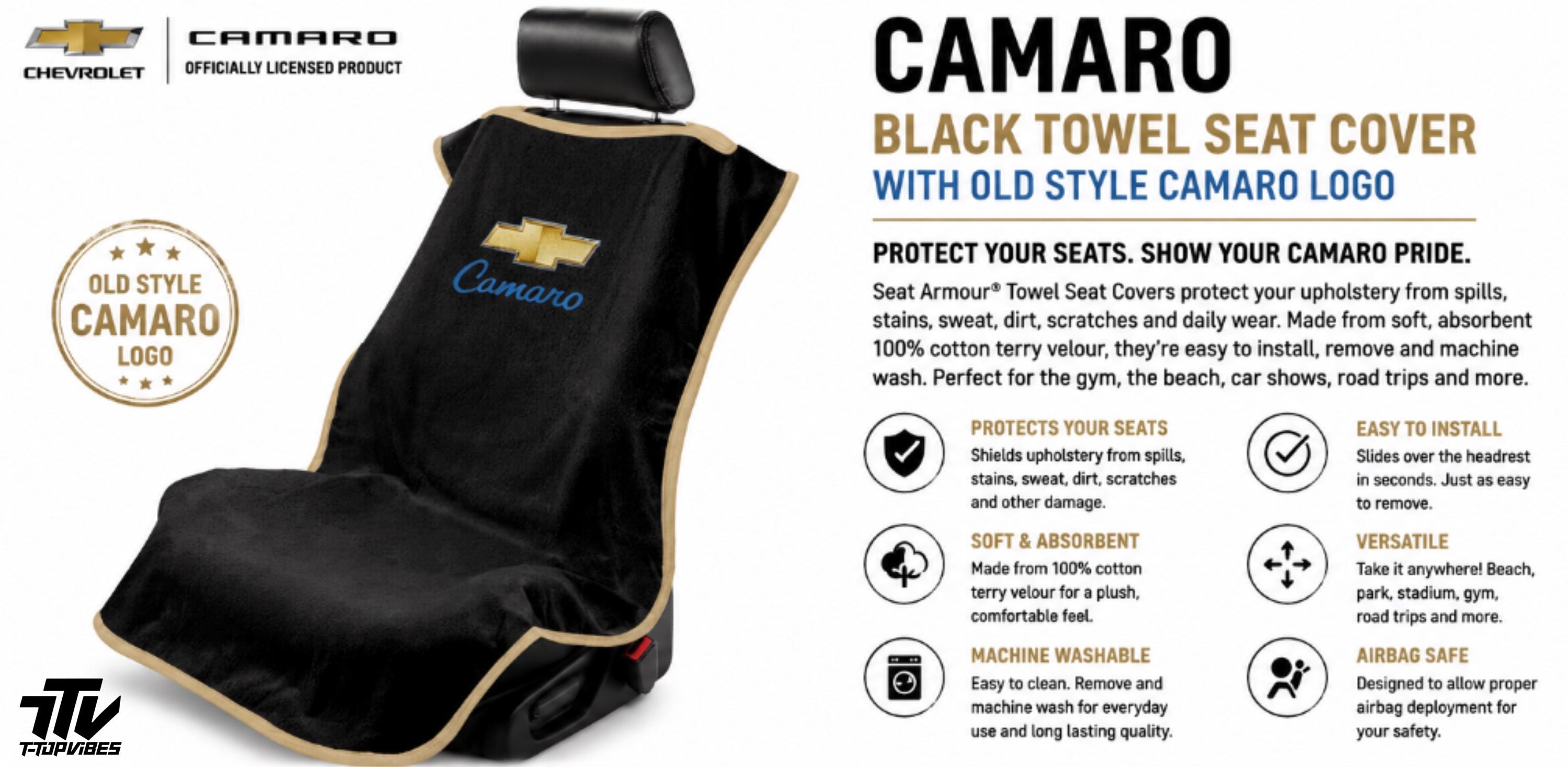 Camaro Seat Cover Towel | Old Style Logo, Black Cotton Terry Velour