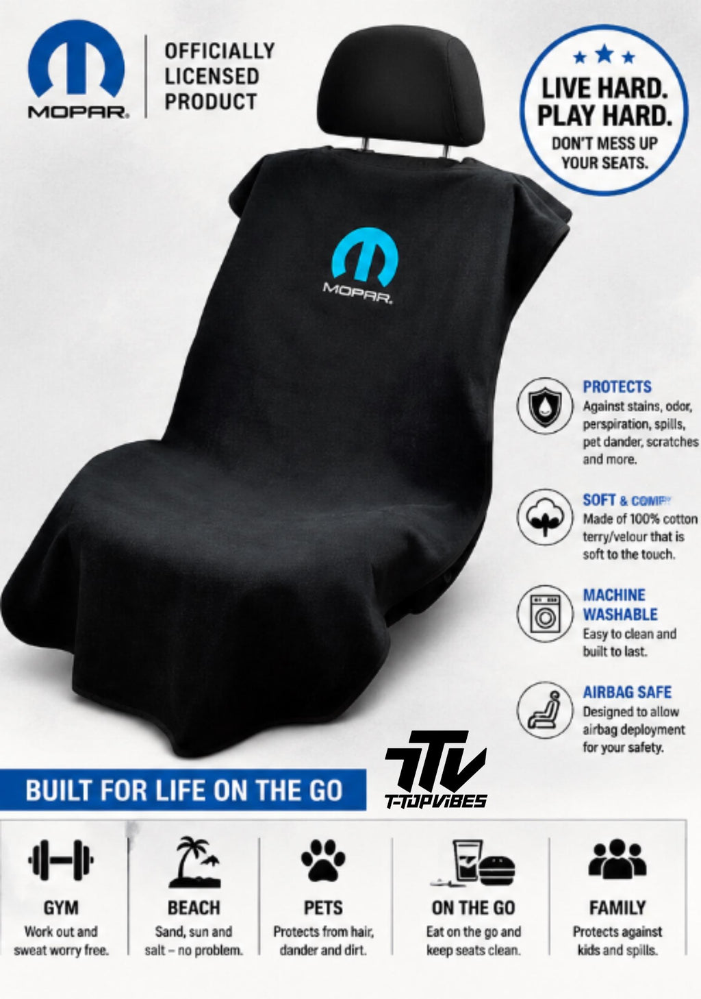 Officially Licensed Mopar Terry Velour Seat Cover | Black Cotton Protector