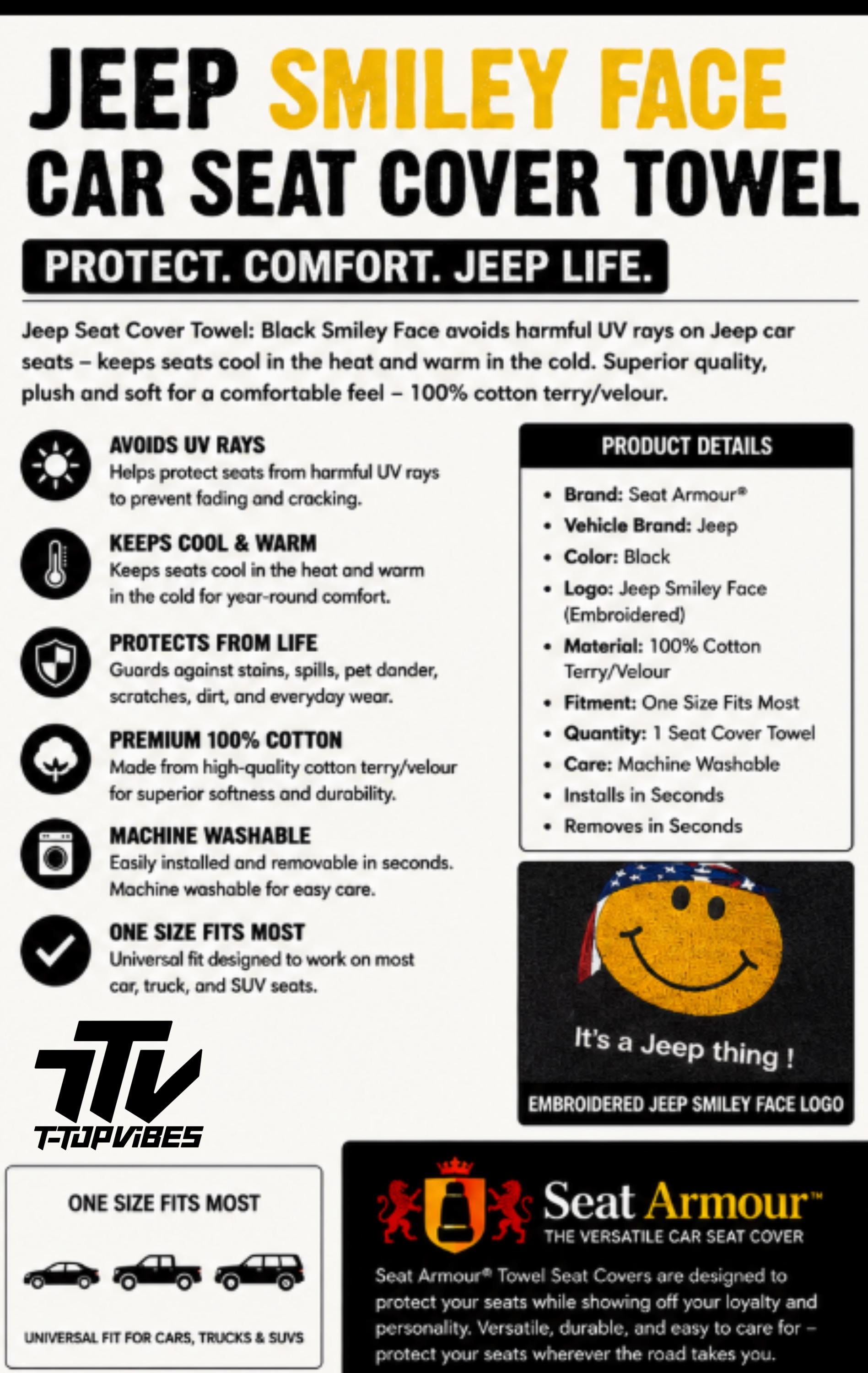 Officially Licensed Jeep Smiley Face Seat Cover | 100% Cotton Terry Velour, "It's a Jeep Thing!"